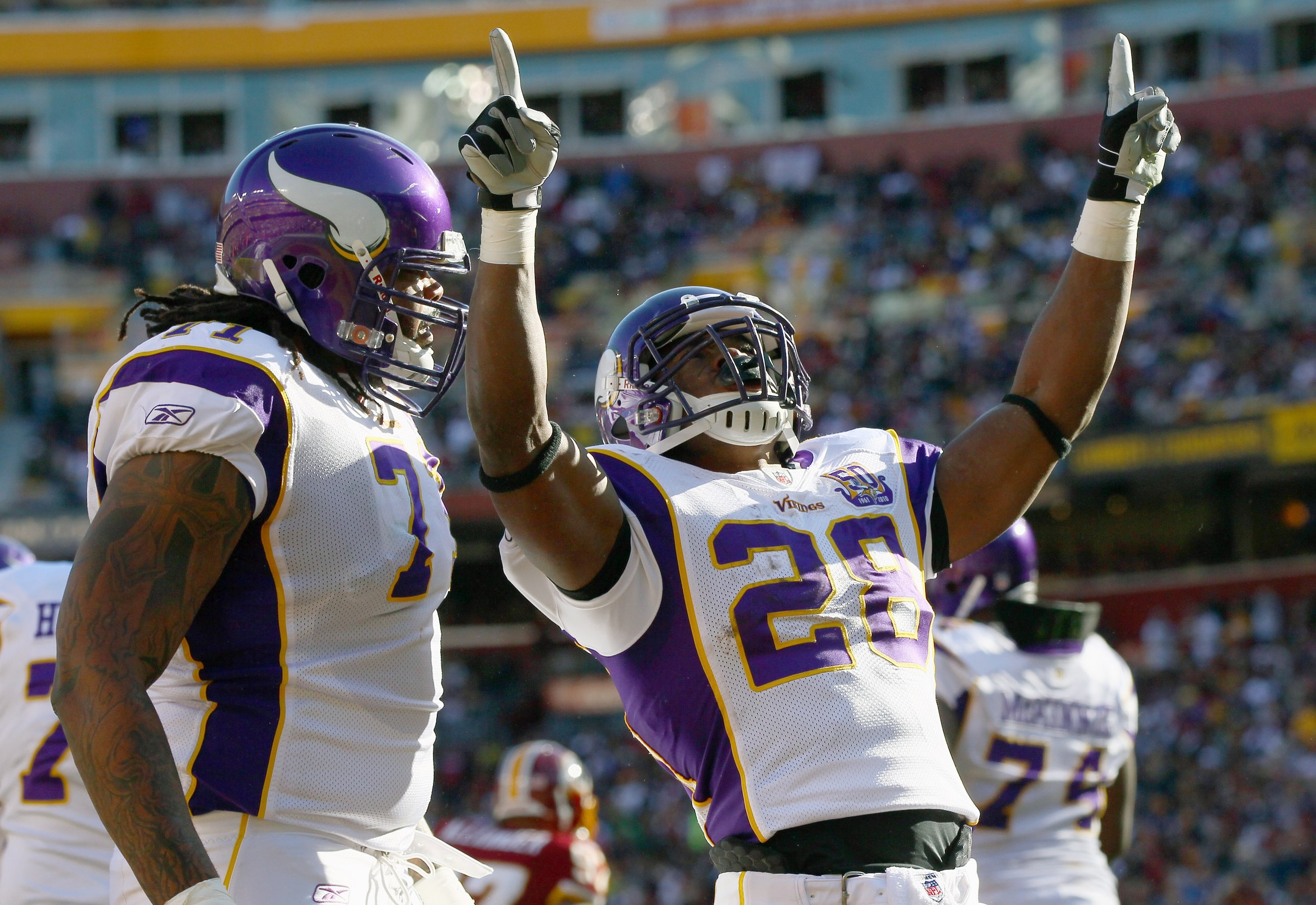 LANDOVER, MD - NOVEMBER 28: Adrian Peterson #28 of the Minnesota Vikings celebrates after scoring a touchdown in the first quarter against the Washington Redskins at FedExField November 28, 2010 in Landover, Maryland. (Photo by Win McNamee/Getty Images) LANDOVER, MD - NOVEMBER 28: Adrian Peterson #28 of the Minnesota Vikings celebrates after scoring a touchdown in the first quarter against the Washington Redskins at FedExField November 28, 2010 in Landover, Maryland. (Photo by Win McNamee/Getty Images)