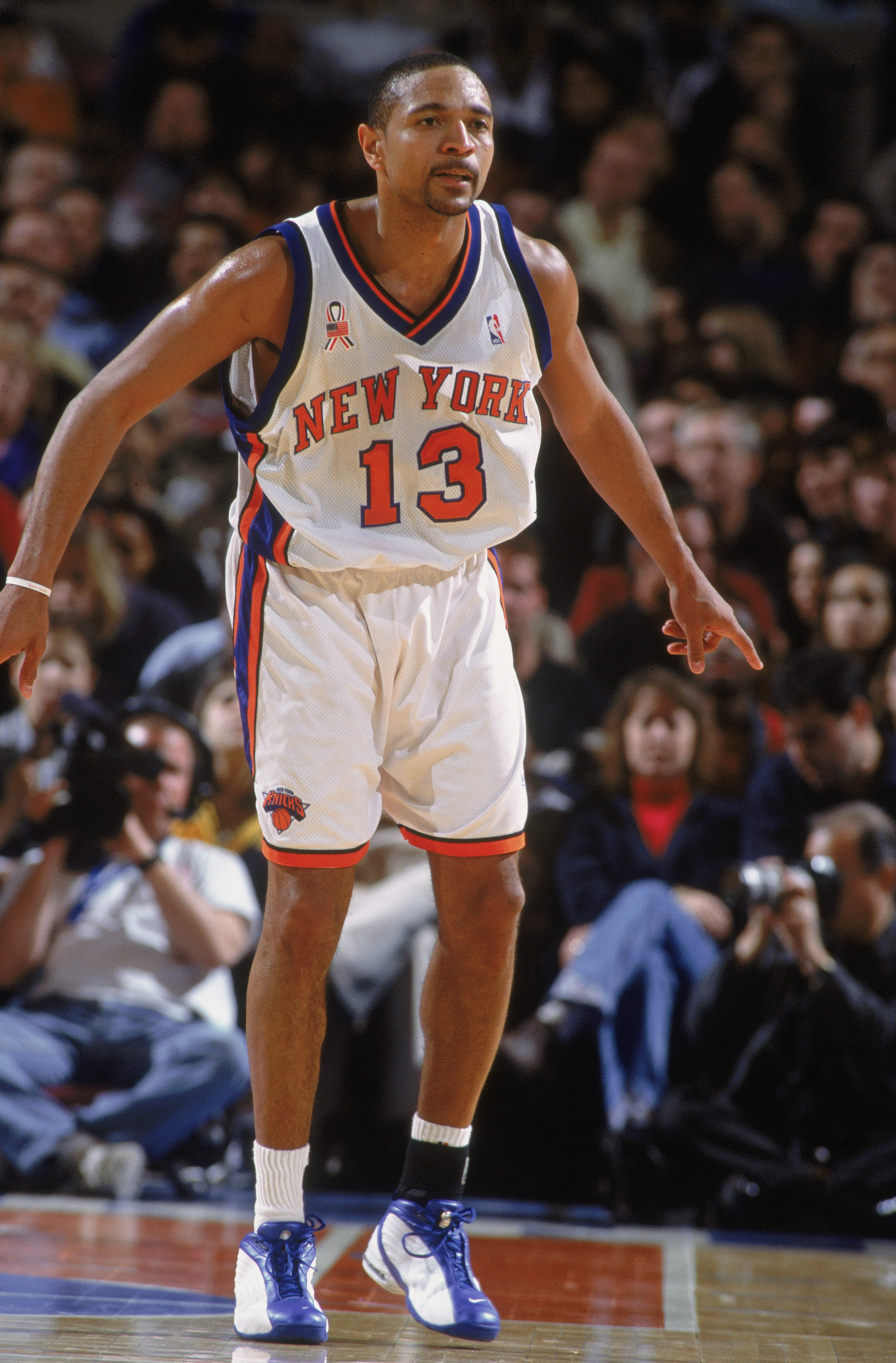 08 Dec 2001:  Point Guard Mark Jackson #13 of the New York Knicks readies to defend against the Indiana Pacers during the NBA game at Madison Square Garden in New York, New York.  The Knicks defeated the Pacers 101-99. Mandatory Credit:  Al Bello/Getty Im