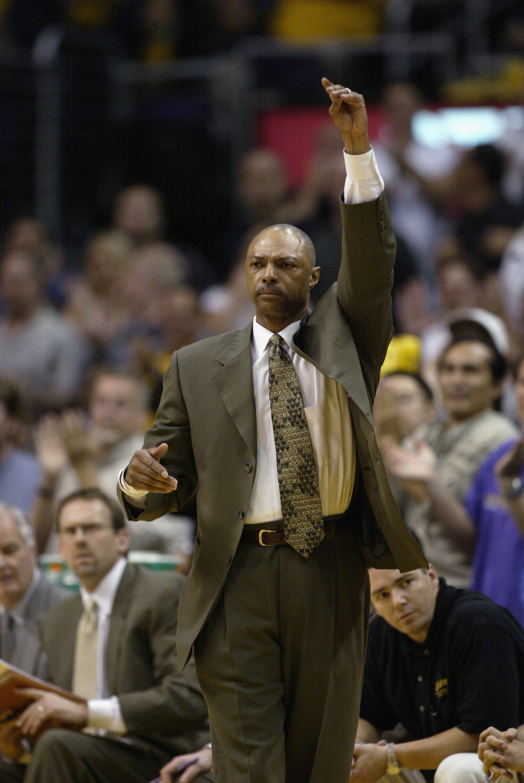 LOS ANGELES - MAY 11:  Assistant coach Jim Cleamons (standing in for Phil Jackson) of the Los Angeles Lakers during the game against the San Antonio Spurs in Game four of the Western Conference Semifinals during the 2003 NBA Playoffs on May 11, 2003 at St