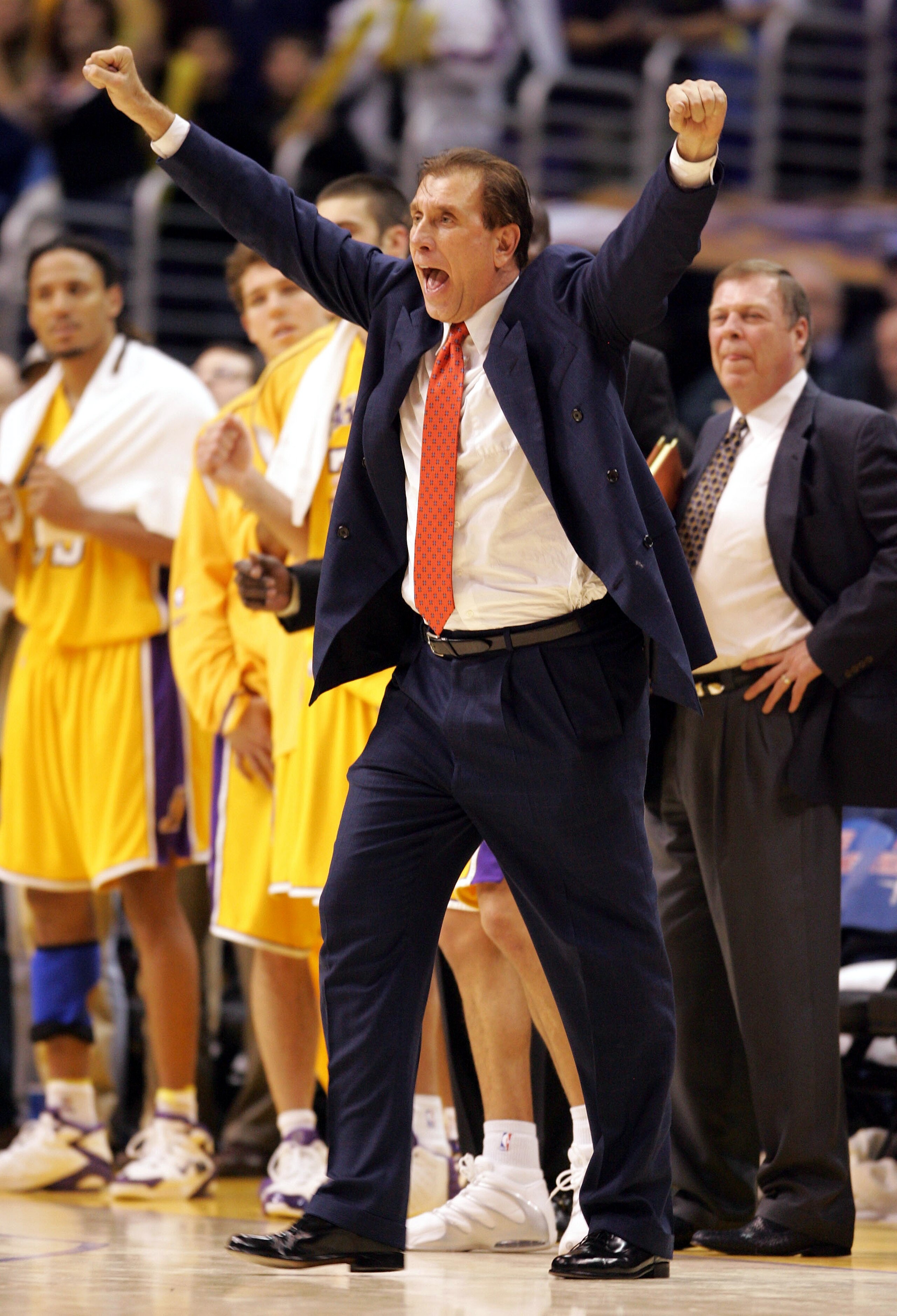 LOS ANGELES - JANUARY 13: Head coach Rudy Tomjanovich of the Los Angeles Lakers celebrates his team's victory over the Cleveland Cavaliers on January 13, 2005 at Staples Center in Los Angeles, California. The Lakers defeated the Cavs 98-94.  NOTE TO USER: