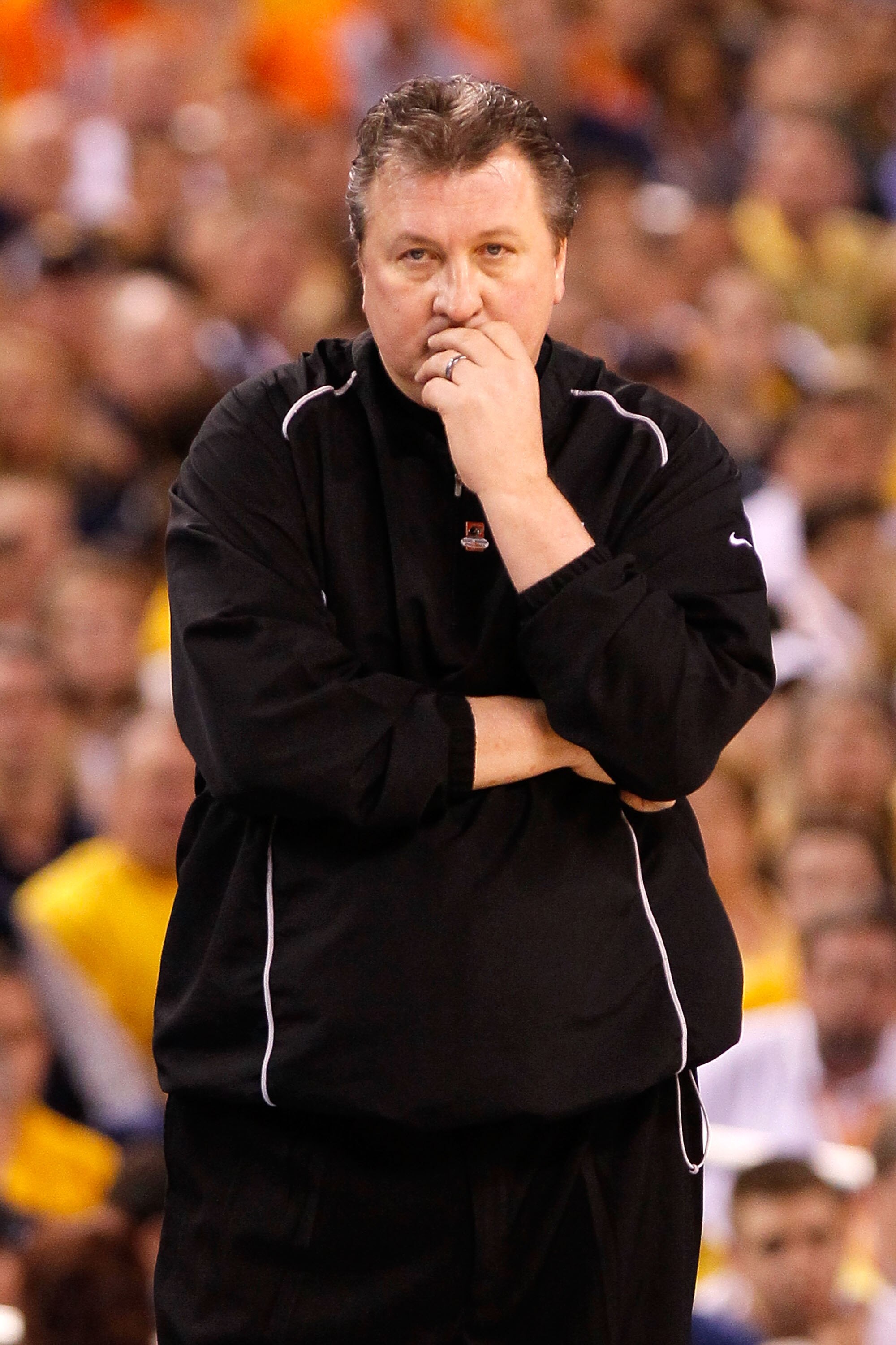 INDIANAPOLIS - APRIL 03:  Head coach Bob Huggins of the West Virginia Mountaineers looks on while taking on the Duke Blue Devils during the National Semifinal game of the 2010 NCAA Division I Men's Basketball Championship at Lucas Oil Stadium on April 3,