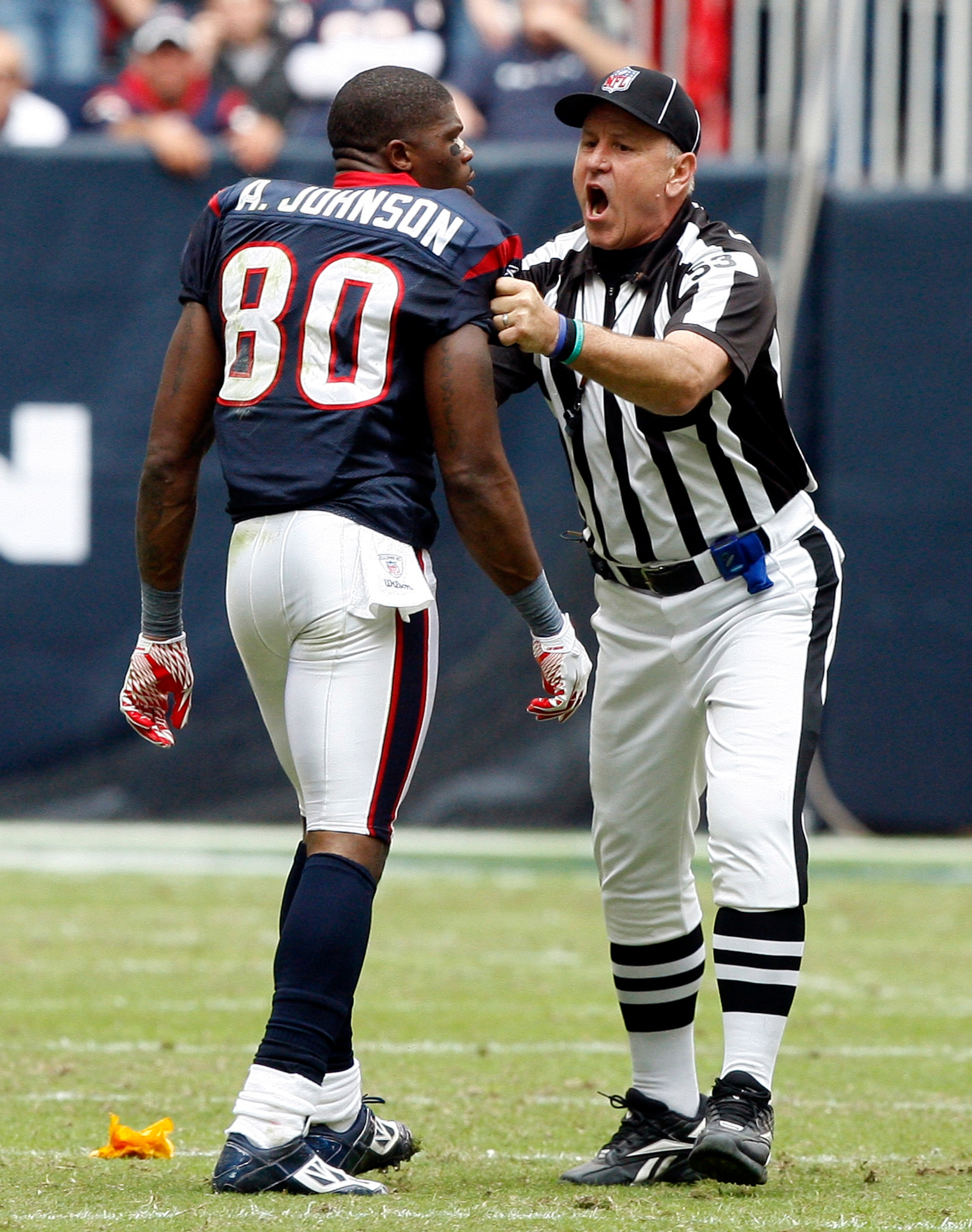 HOUSTON - NOVEMBER 28: Wide receiver Andre Johnson #80 of the Houston Texans is separated by umpire Garth DeFerlice #53 from cornerback Cortland Finnegan #31 of the Tennessee Titans after the two exchanged punches in the fourth quarter at Reliant Stadium HOUSTON - NOVEMBER 28: Wide receiver Andre Johnson #80 of the Houston Texans is separated by umpire Garth DeFerlice #53 from cornerback Cortland Finnegan #31 of the Tennessee Titans after the two exchanged punches in the fourth quarter at Reliant Stadium