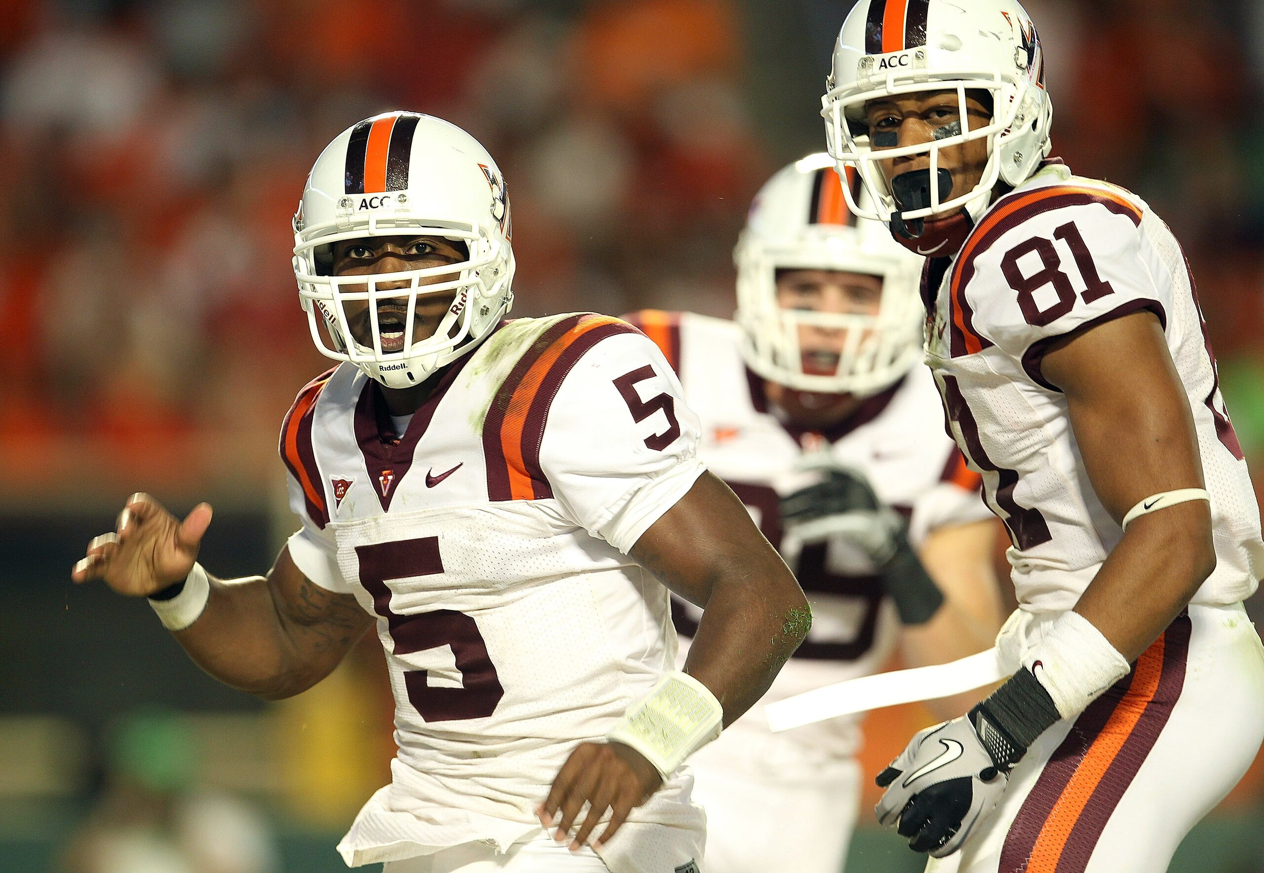 MIAMI - NOVEMBER 20: Tyrod Taylor #5 of the Virginia Tech Hokies celebrates with teammate Jarrett Boykin #81 after rushing for a touchdown during a game against the Miami Hurricanes at Sun Life Stadium on November 20, 2010 in Miami, Florida. (Photo by M MIAMI - NOVEMBER 20: Tyrod Taylor #5 of the Virginia Tech Hokies celebrates with teammate Jarrett Boykin #81 after rushing for a touchdown during a game against the Miami Hurricanes at Sun Life Stadium on November 20, 2010 in Miami, Florida. (Photo by M