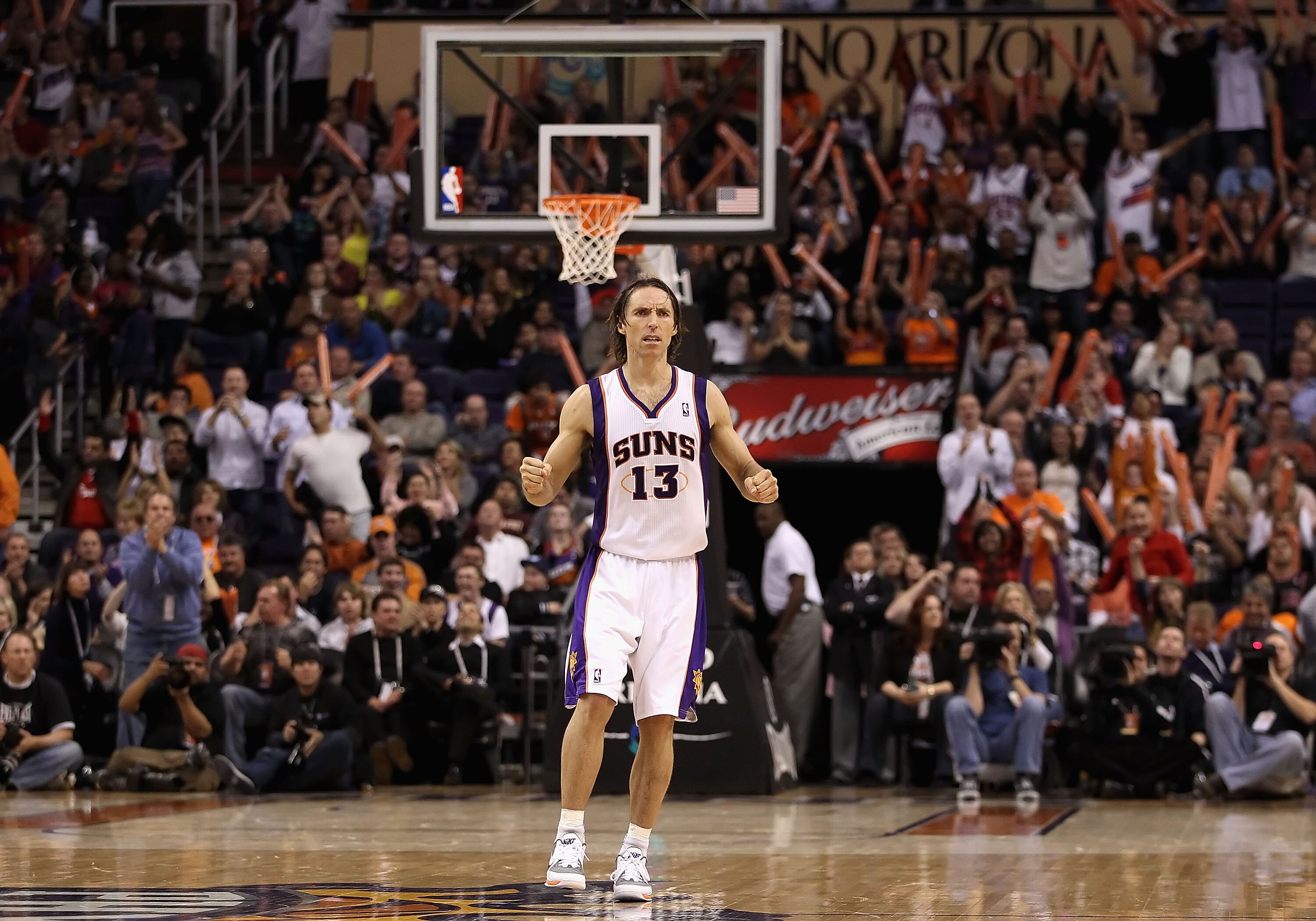 PHOENIX - NOVEMBER 24:  Steve Nash #13 of the Phoenix Suns reacts after scoring during the NBA game against the Chicago Bulls at US Airways Center on November 24, 2010 in Phoenix, Arizona. The Bulls defeated the Suns 123-115 in double overtime. NOTE TO US