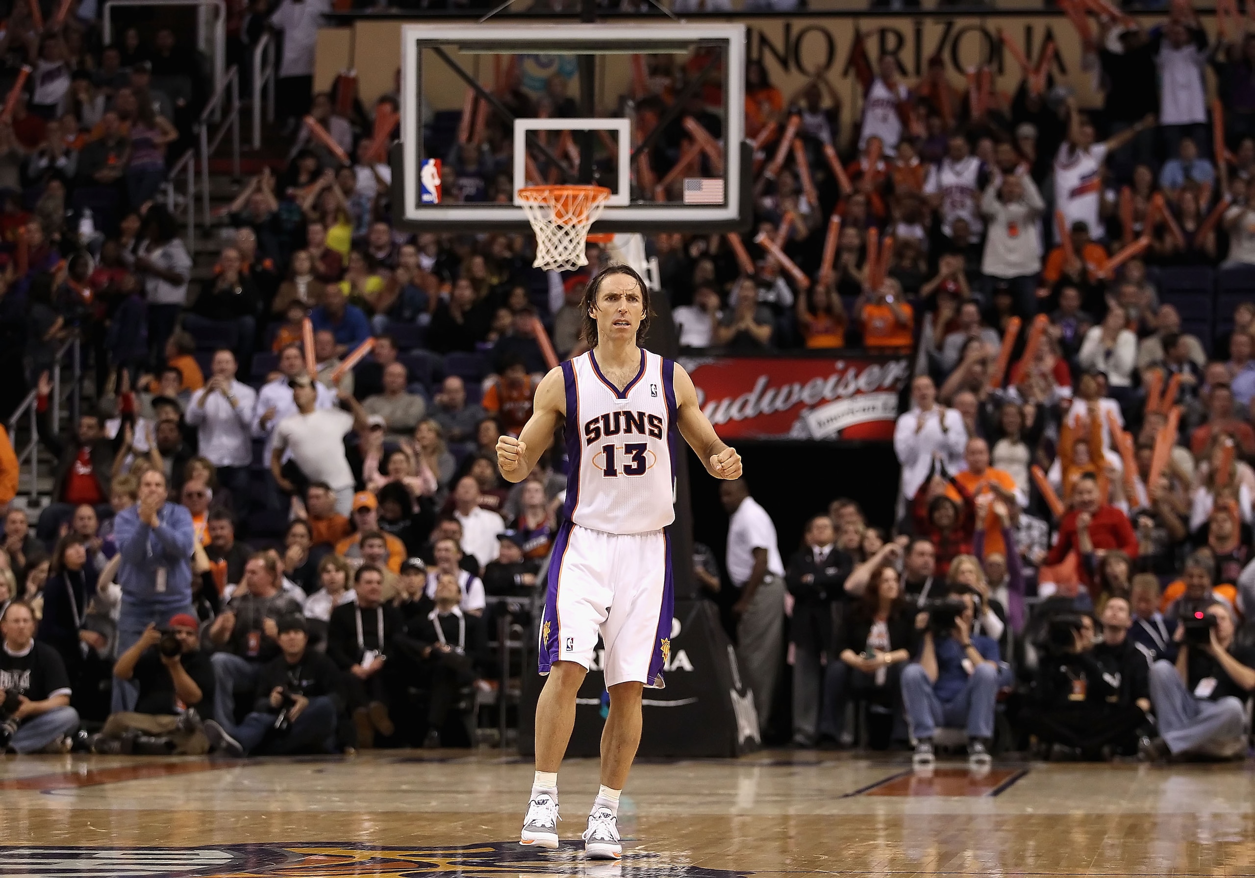 PHOENIX - NOVEMBER 24: Steve Nash #13 of the Phoenix Suns reacts after scoring during the NBA game against the Chicago Bulls at US Airways Center on November 24, 2010 in Phoenix, Arizona. The Bulls defeated the Suns 123-115 in double overtime. NOTE TO US PHOENIX - NOVEMBER 24: Steve Nash #13 of the Phoenix Suns reacts after scoring during the NBA game against the Chicago Bulls at US Airways Center on November 24, 2010 in Phoenix, Arizona. The Bulls defeated the Suns 123-115 in double overtime. NOTE TO US