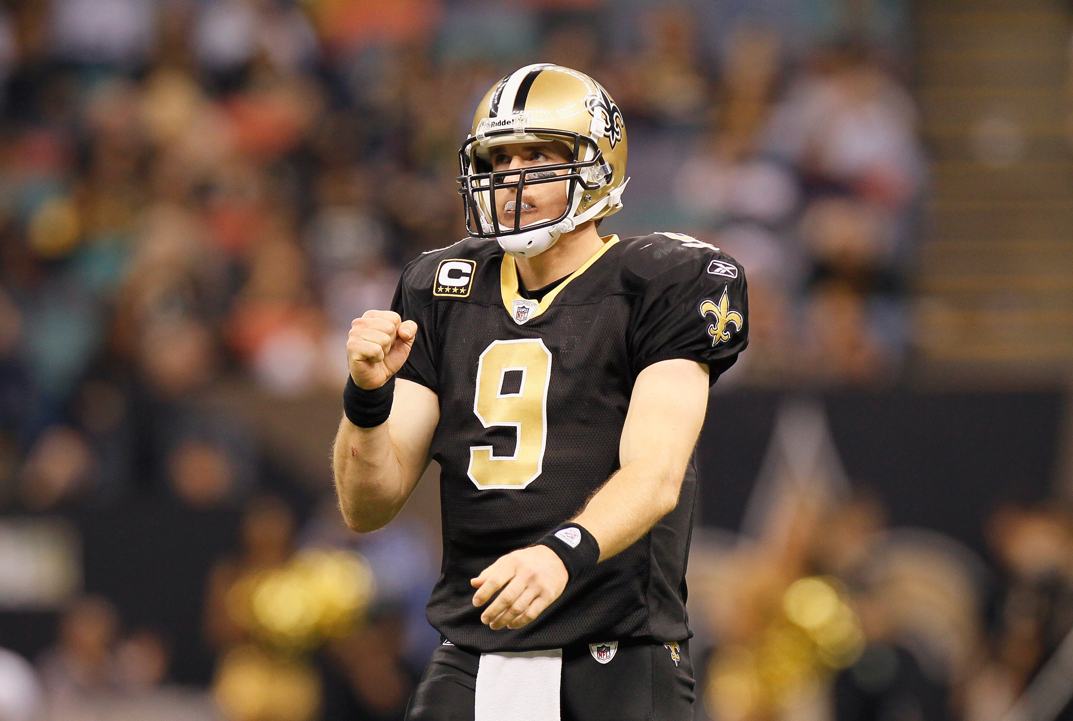 NEW ORLEANS - NOVEMBER 21:  Quarterback Drew Brees #9 of the New Orleans Saints reacts after a first down against the Seattle Seahawks at Louisiana Superdome on November 21, 2010 in New Orleans, Louisiana.  (Photo by Kevin C. Cox/Getty Images)