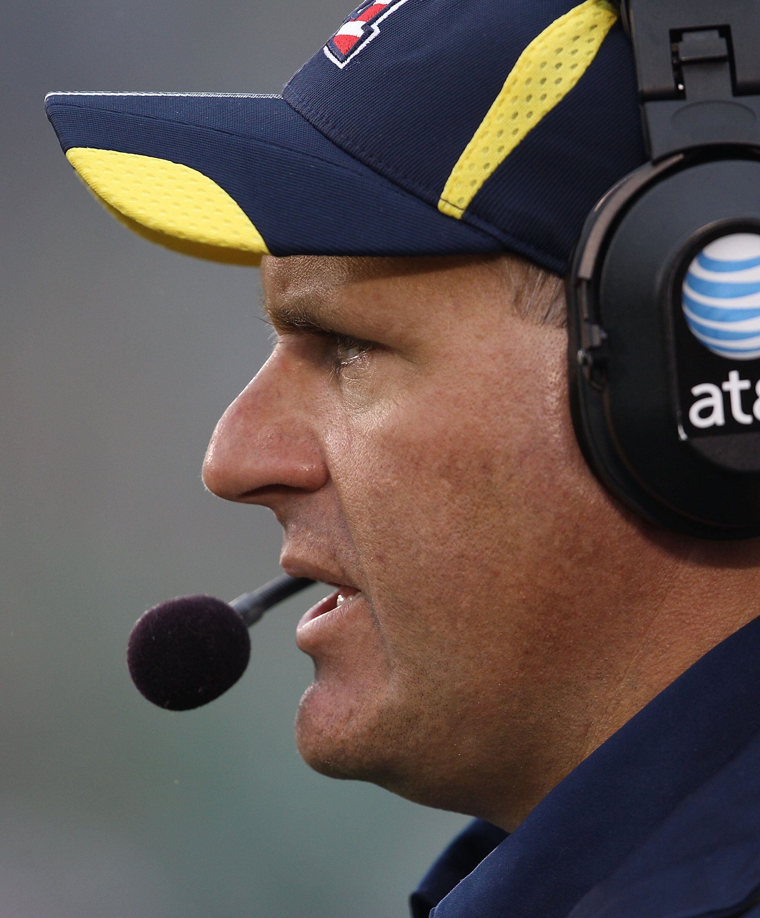 SOUTH BEND, IN - SEPTEMBER 11: Head coach Rich Rodriguez of the Michigan Wolverines watches as his team takes on the Notre Dame Fighting Irish at Notre Dame Stadium on September 11, 2010 in South Bend, Indiana. Michigan defeated Notre Dame 28-24.  (Photo 