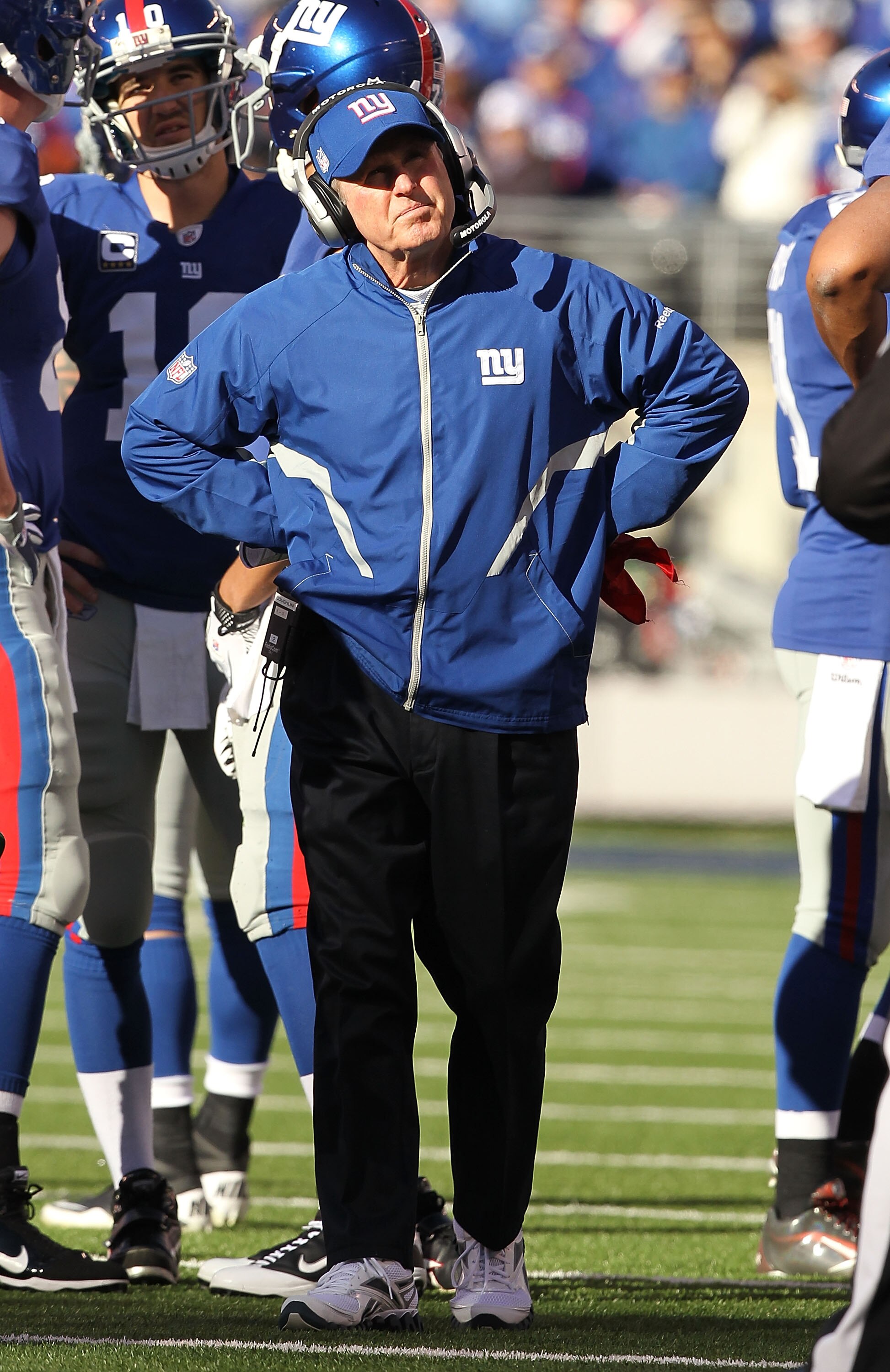 EAST RUTHERFORD, NJ - NOVEMBER 28: New York Giants Head Coach Tom Coughlin stands on the field during a time out against the Jacksonville Jaguars on November 28, 2010 at The New Meadowlands Stadium in East Rutherford, New Jersey.  (Photo by Al Bello/Getty