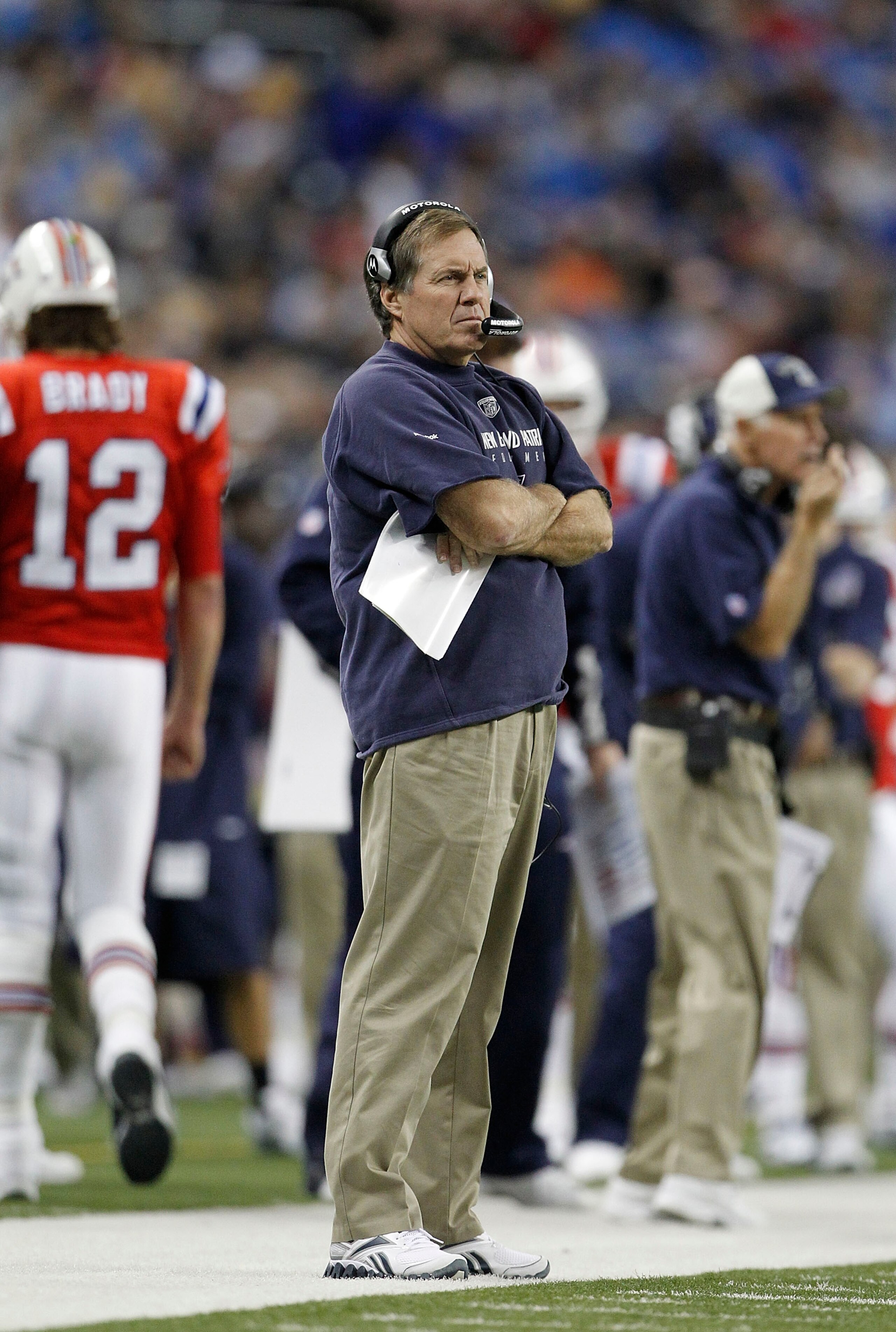 DETROIT - NOVEMBER 25: New England Patriots Head Coach Bill Belichick looks on during the first quarter of the game at Ford Field on November 25, 2010 in Detroit, Michigan.  (Photo by Leon Halip/Getty Images)
