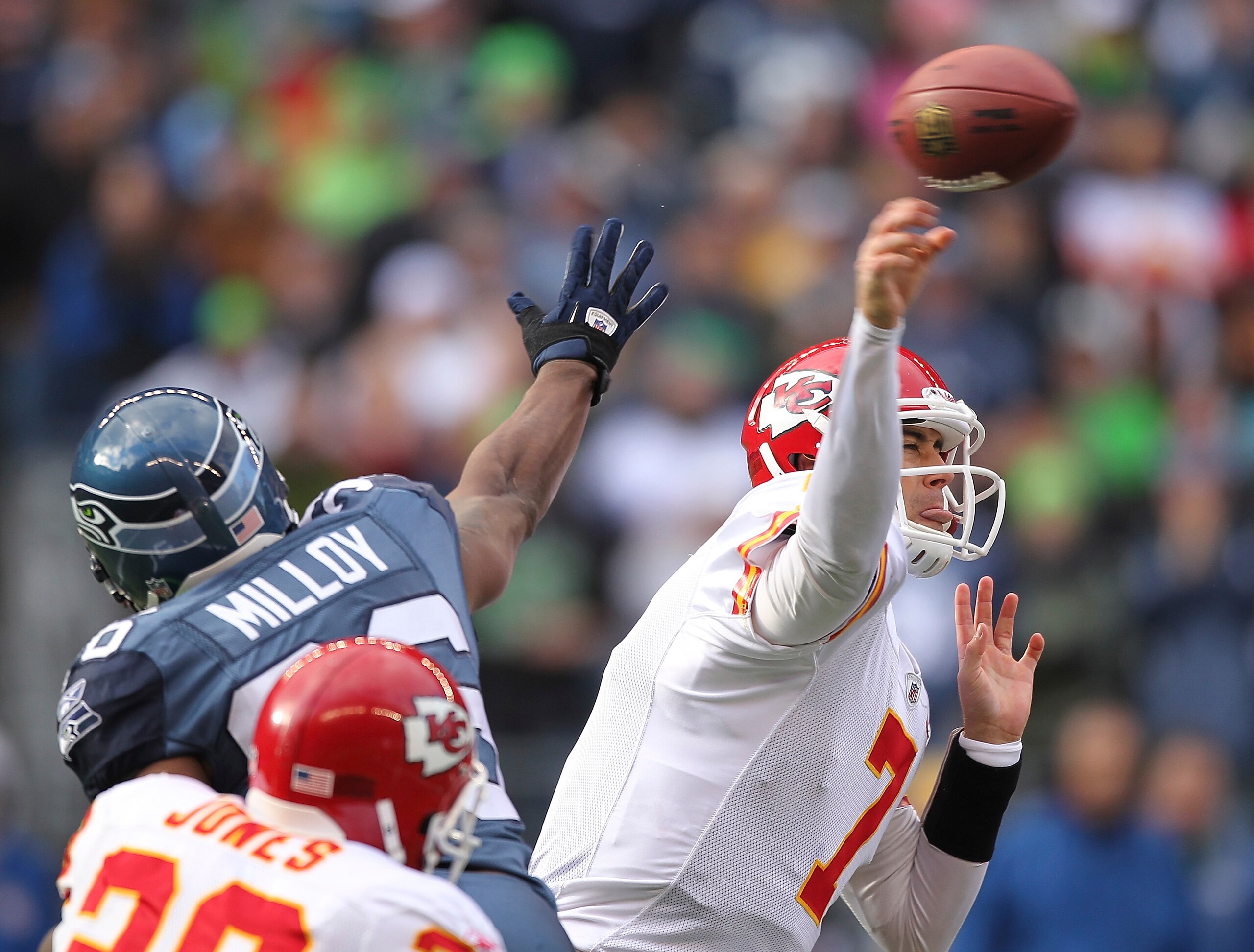 SEATTLE - NOVEMBER 28:  Quarterback Matt Cassel #7 of the Kansas City Chiefs passes against Lawyer Milloy #36 of the Seattle Seahawks at Qwest Field on November 28, 2010 in Seattle, Washington. (Photo by Otto Greule Jr/Getty Images)