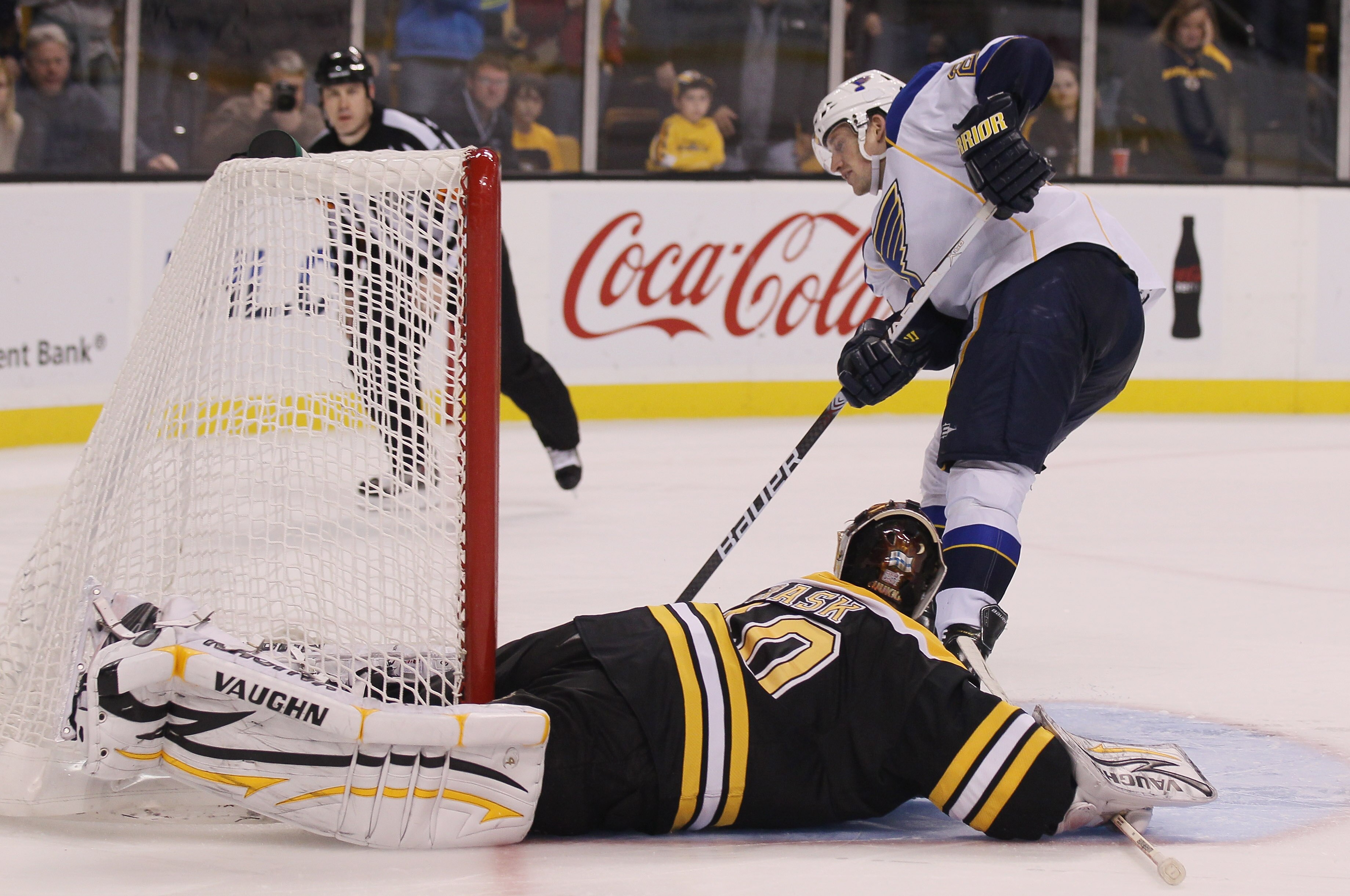 BOSTON - NOVEMBER 06:  Brad Boyes #22 of the St. Louis Blues scores the game winning goal past Tuukka Rask # 40 of the Boston Bruins during the shootout on November 6, 2010 at the TD Garden in Boston, Massachusetts. The Blues defeated the Bruins 2-1 in an