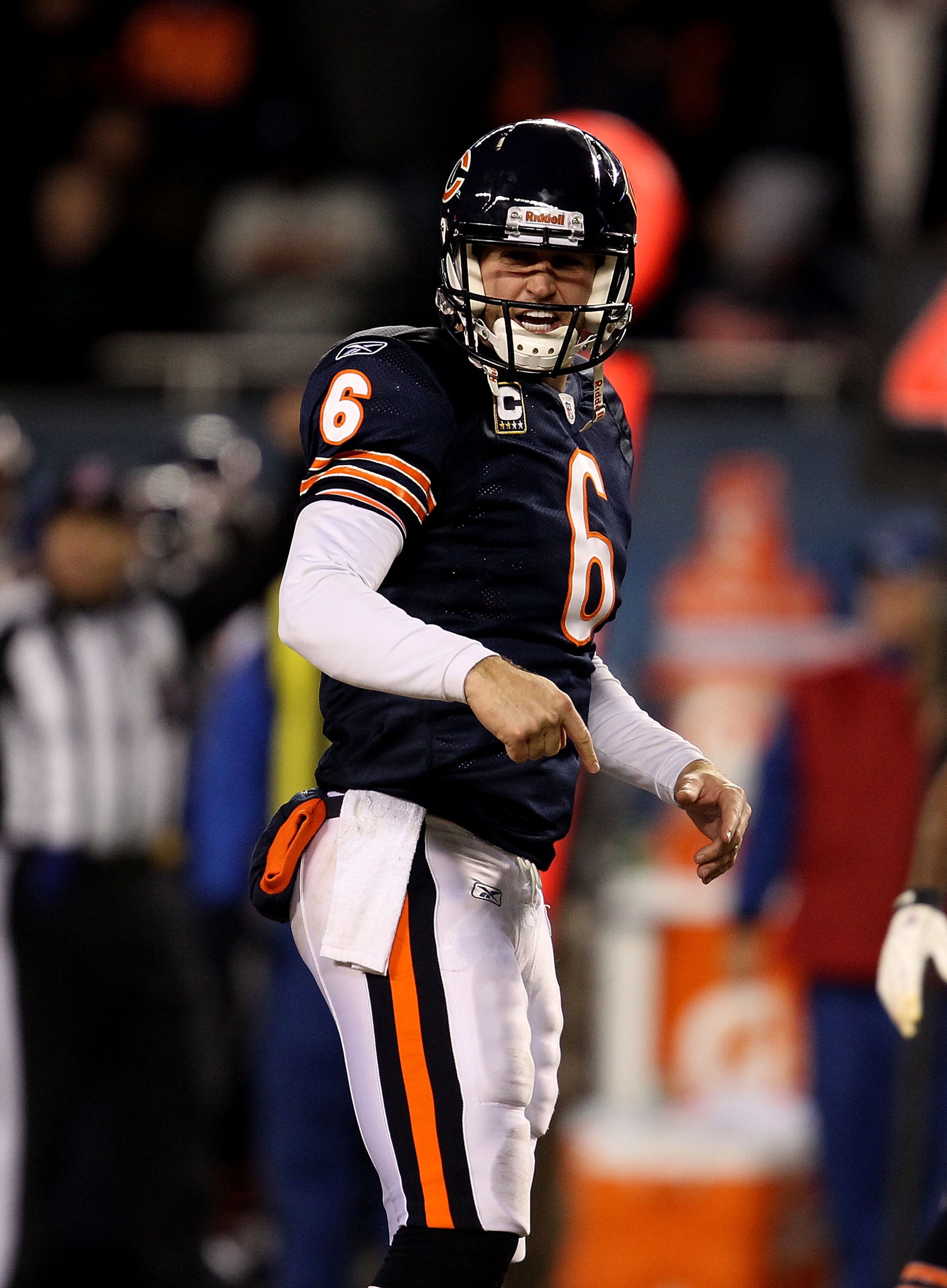 CHICAGO - NOVEMBER 28: Jay Cutler #6 of the Chicago Bears yells at a referee, earning an unsportsman-like conduct penalty, against of the Philadelphia Eagles at Soldier Field on November 28, 2010 in Chicago, Illinois. The Bears defeated the Eagles 31-26. 