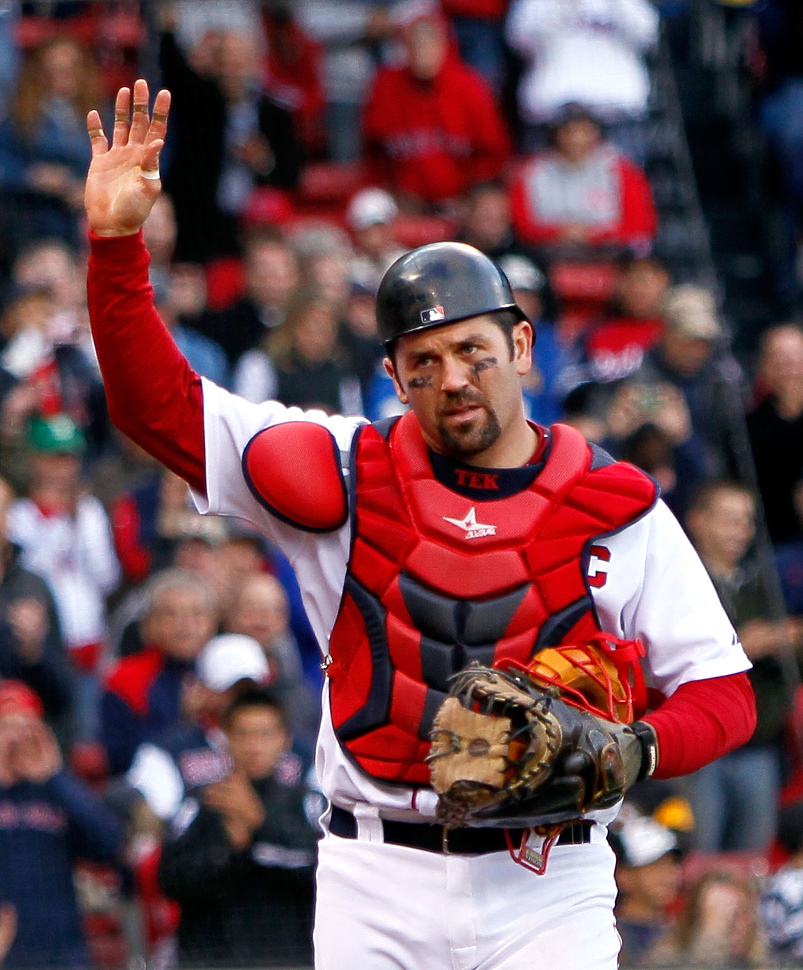 BOSTON - OCTOBER 3:  Jason Varitek #33 of the Boston Red Sox  reacts to fan applause as he leaves the field  for a replacement in the ninth inning against the New York Yankees at Fenway Park, October 3, 2010, in Boston, Massachusetts. The Red Sox won 8-4.