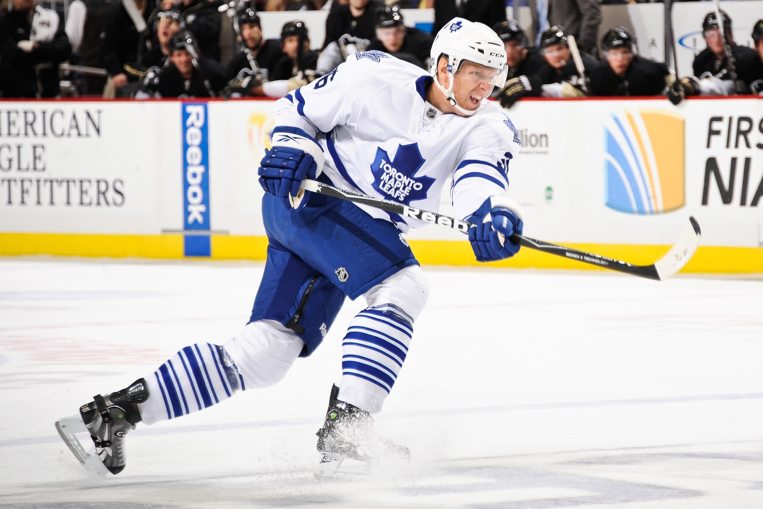 PITTSBURGH - OCTOBER 13:  Carl Gunnarsson #36 of the Toronto Maple Leafs skates against the Pittsburgh Penguins on October 13, 2010 at Consol Energy Center in Pittsburgh, Pennsylvania.  (Photo by Jamie Sabau/Getty Images)