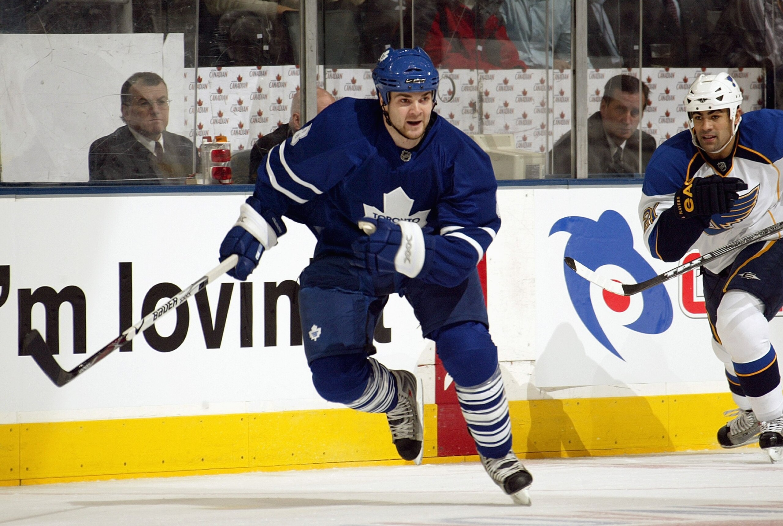 TORONTO - JANUARY 29: Carlo Colaiacovo #8 of the Toronto Maple Leafs skates against the St.Louis Blues during their NHL game at the Air Canada Centre January 29, 2008 in Toronto, Ontario.(Photo By Dave Sandford/Getty Images)