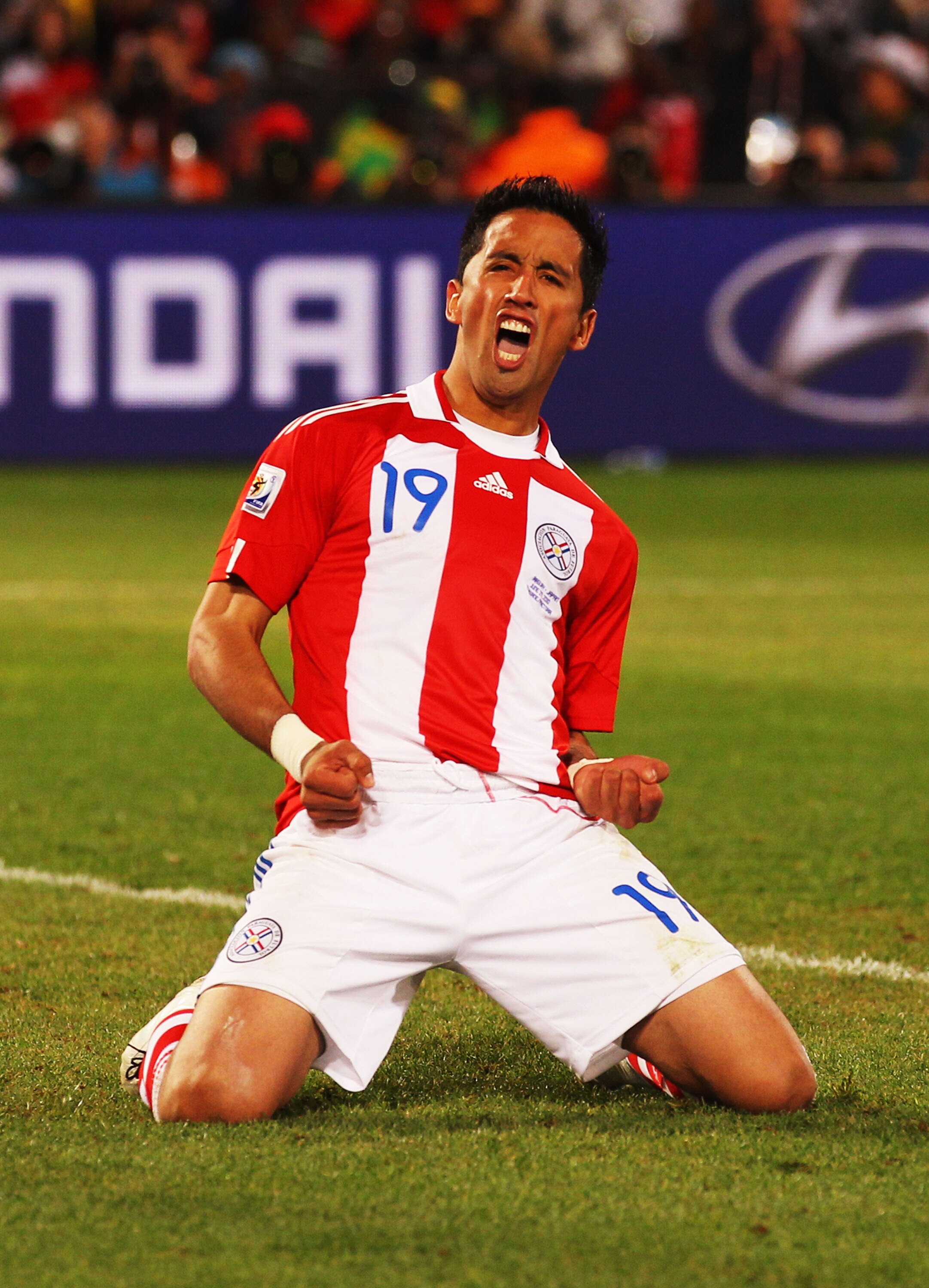 PRETORIA, SOUTH AFRICA - JUNE 29:  Lucas Barrios of Paraguay celebrates scoring his penalty during a penalty shoot-out during the 2010 FIFA World Cup South Africa Round of Sixteen match between Paraguay and Japan at Loftus Versfeld Stadium on June 29, 201