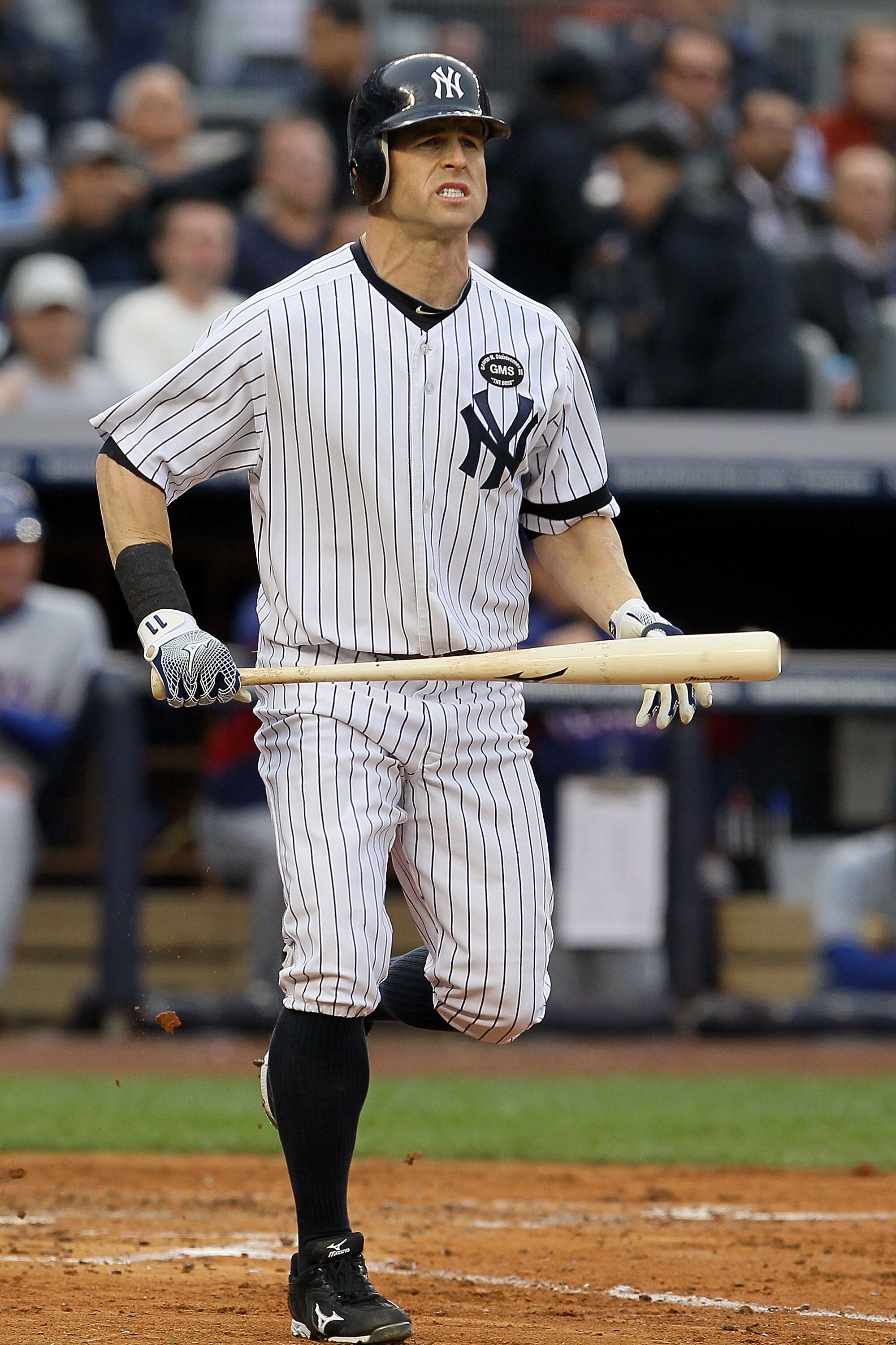NEW YORK - OCTOBER 20:  Brett Gardner #11 of the New York Yankees reacts after striking out against the Texas Rangers in Game Five of the ALCS during the 2010 MLB Playoffs at Yankee Stadium on October 20, 2010 in the Bronx borough of New York City.  (Phot