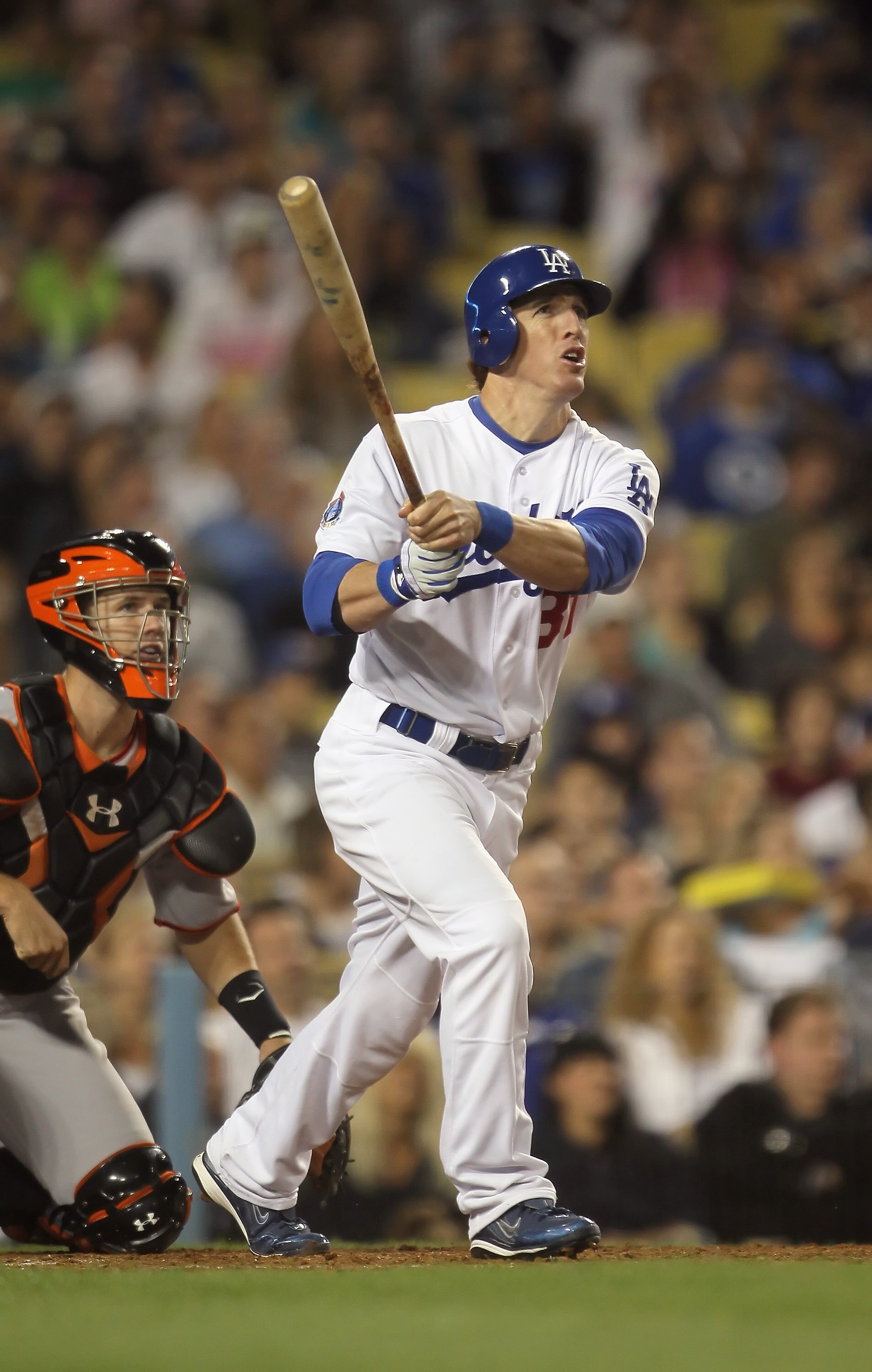 LOS ANGELES, CA - SEPTEMBER 04:  Jay Gibbons #31 of the Los Angeles Dodgers hits a three-run home run in the fourth inning against the San Francisco Giants at Dodger Stadium on September 4, 2010 in Los Angeles, California.  (Photo by Jeff Gross/Getty Imag