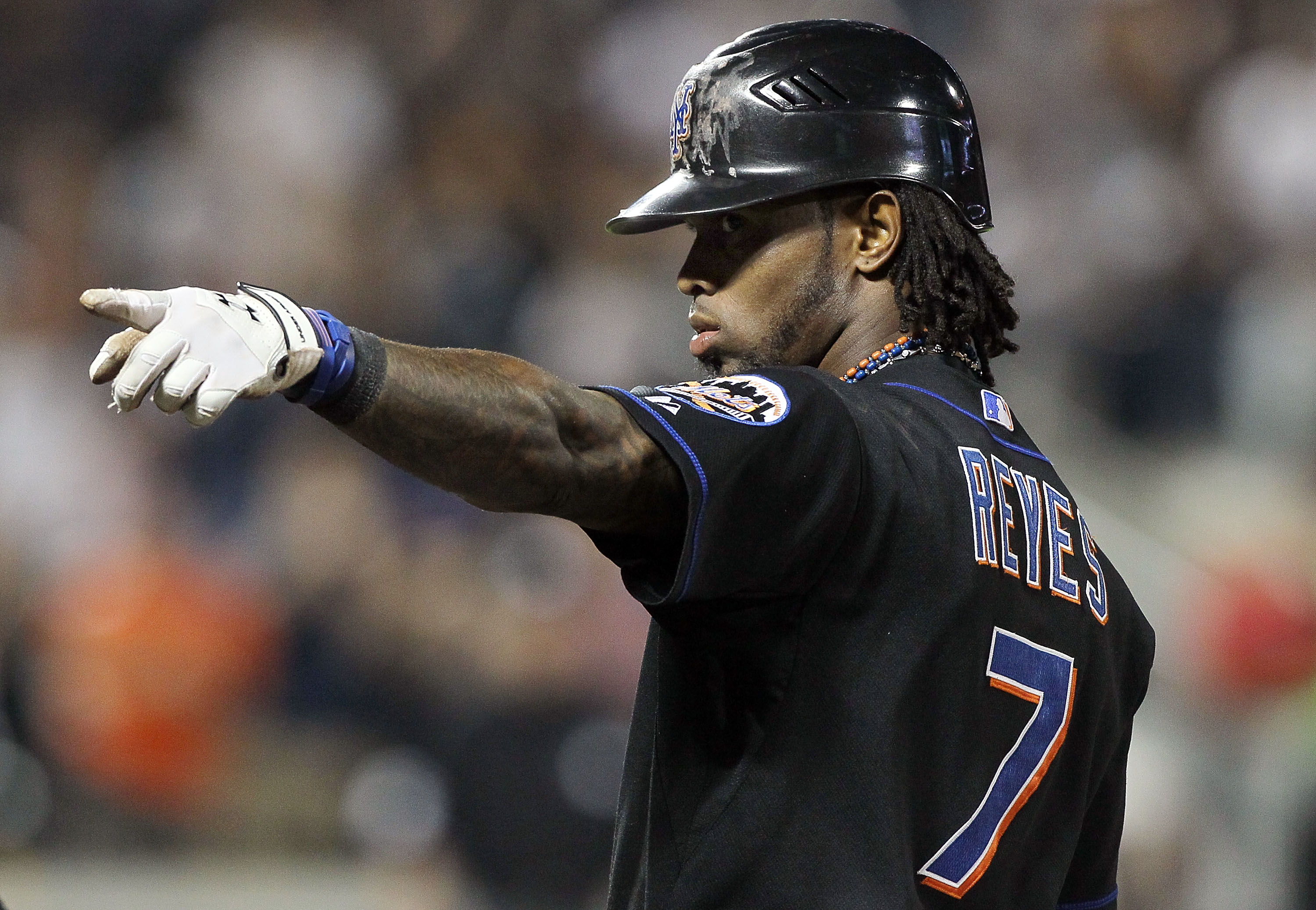 NEW YORK - JULY 31:  Jose Reyes #7 of the New York Mets celebrates his fifth inning RBI single against the Arizona Diamondbacks on July 31, 2010 at Citi Field in the Flushing neighborhood of the Queens borough of New York City.  (Photo by Jim McIsaac/Gett