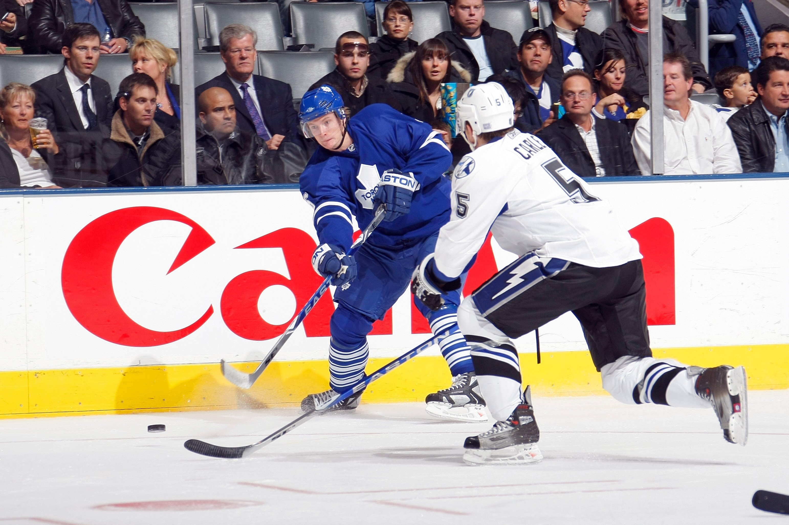 TORONTO - OCTOBER 28:  Anton Stralman #36 of the Toronto Maple Leafs shoots the puck from the point during their NHL game against the Tampa Bay Lightning at the Air Canada Centre on October 28, 2008 in Toronto, Ontario, Canada. The Lightning defeated the
