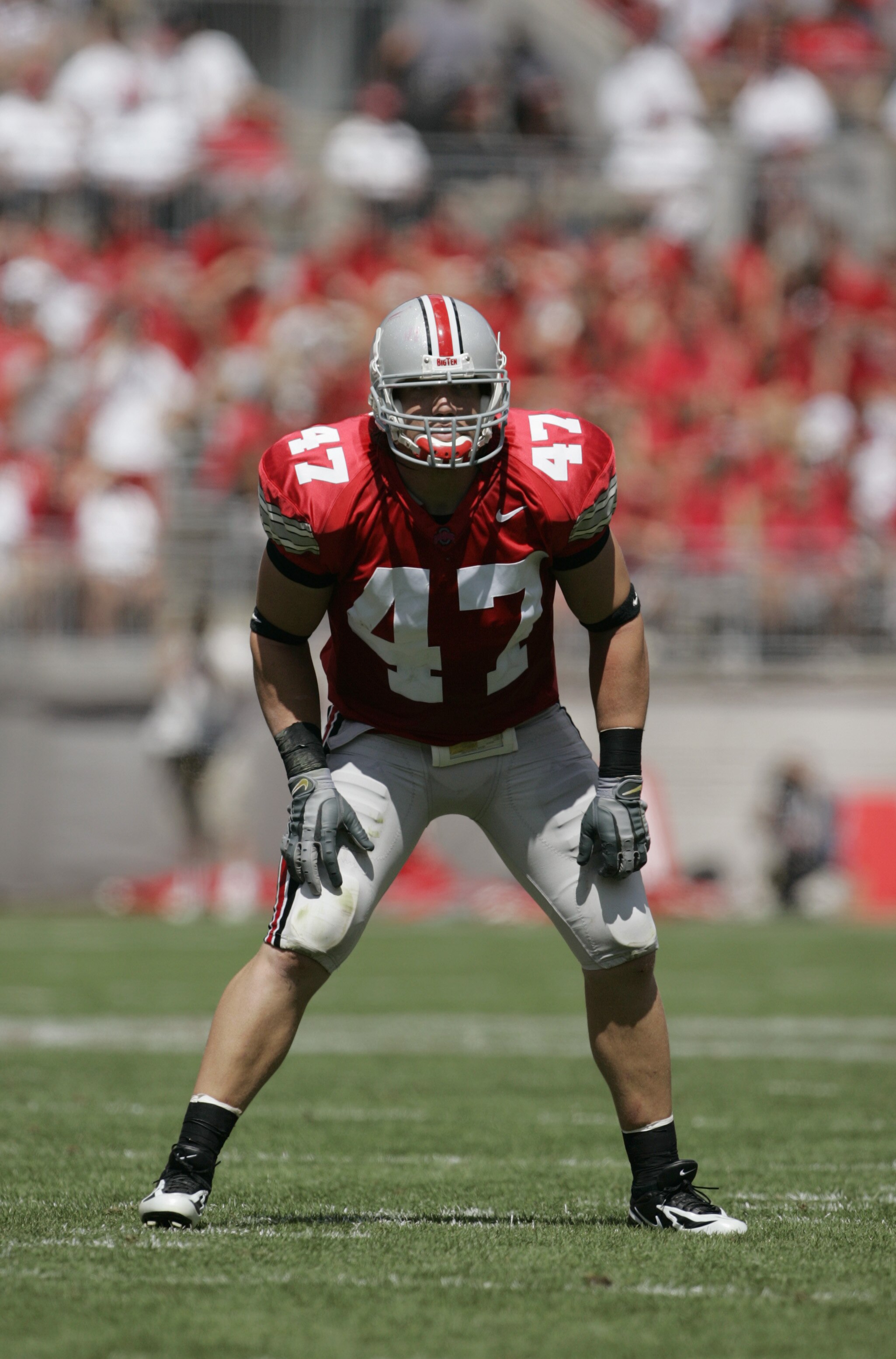 COLUMBUS, OH - SEPTEMBER 3:  Linebacker A.J. Hawk #47 of the Ohio State Buckeyes gets set for play against the Miami (OH) Redhawks on September 3, 2005 at Ohio Stadium in Columbus, Ohio.  Ohio State defeated Miami (OH) 34-14.  (Photo by David Maxwell/Gett