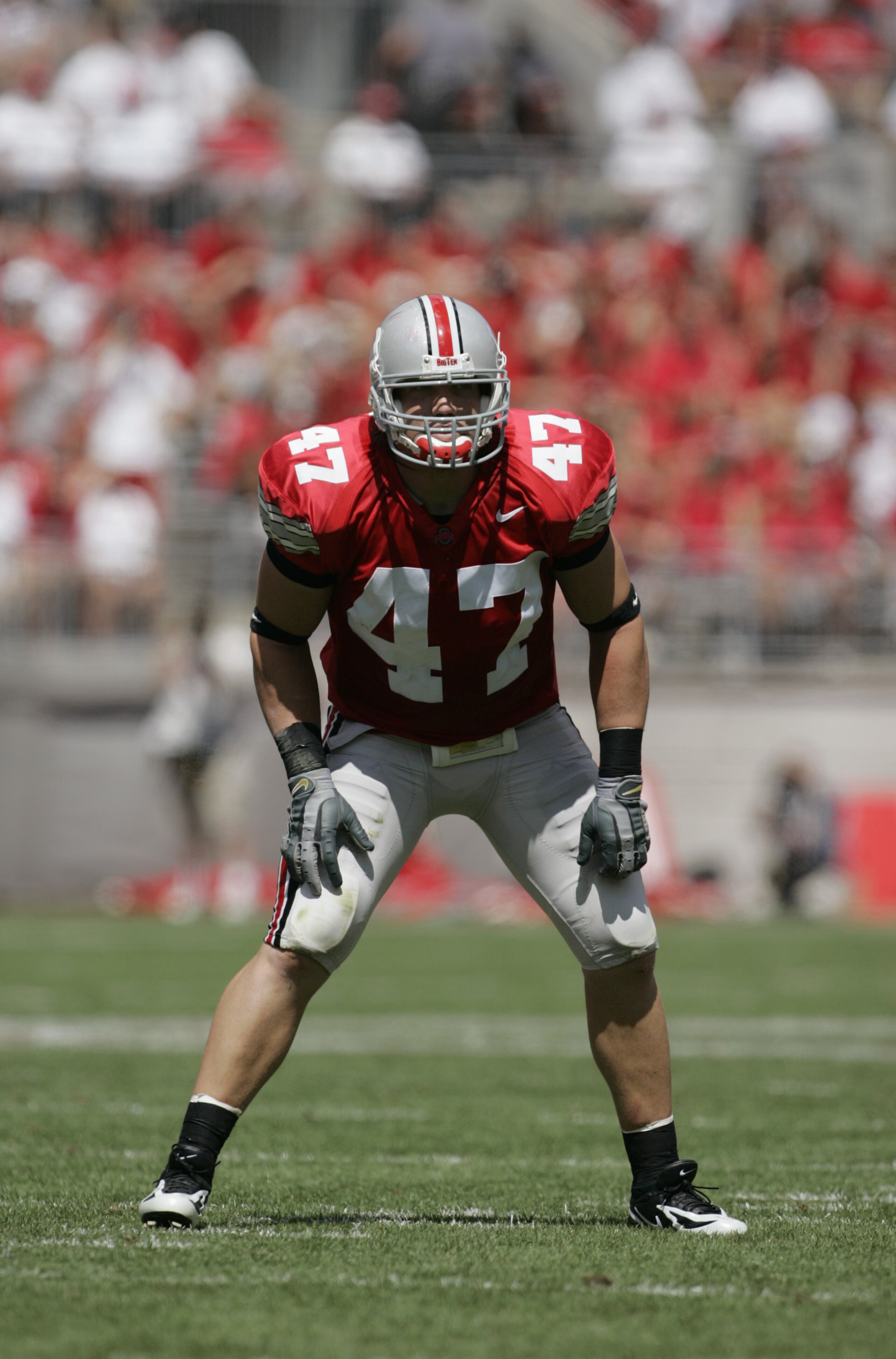 COLUMBUS, OH - SEPTEMBER 3: Linebacker A.J. Hawk #47 of the Ohio State Buckeyes gets set for play against the Miami (OH) Redhawks on September 3, 2005 at Ohio Stadium in Columbus, Ohio. Ohio State defeated Miami (OH) 34-14. (Photo by David Maxwell/Gett COLUMBUS, OH - SEPTEMBER 3: Linebacker A.J. Hawk #47 of the Ohio State Buckeyes gets set for play against the Miami (OH) Redhawks on September 3, 2005 at Ohio Stadium in Columbus, Ohio. Ohio State defeated Miami (OH) 34-14. (Photo by David Maxwell/Gett