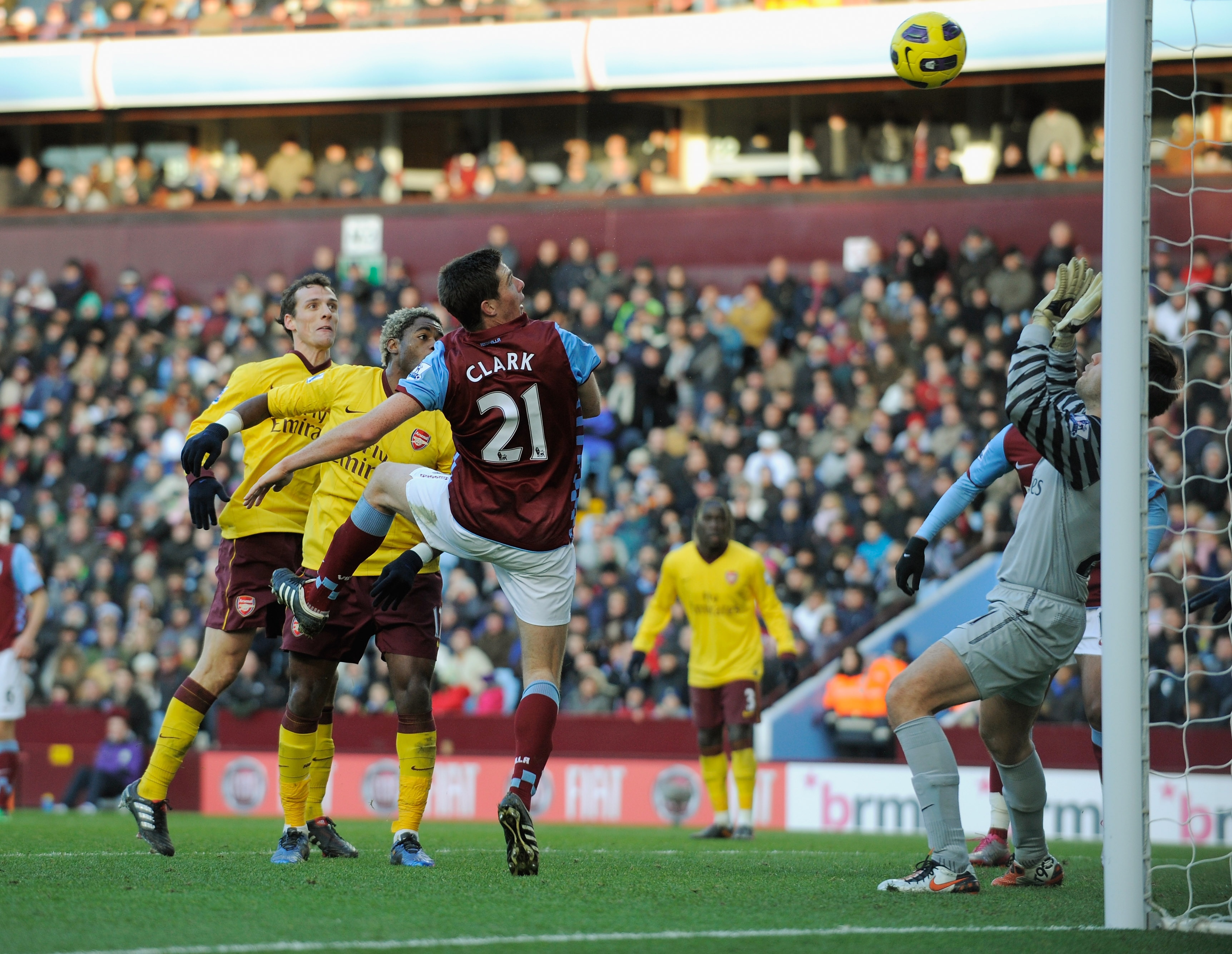 BIRMINGHAM, ENGLAND - NOVEMBER 27:  Ciaran Clark of Villa scores to make it 3-2 during the Barclays Premier League match between Aston Villa and Arsenal at Villa Park on November 27, 2010 in Birmingham, England.  (Photo by Michael Regan/Getty Images)