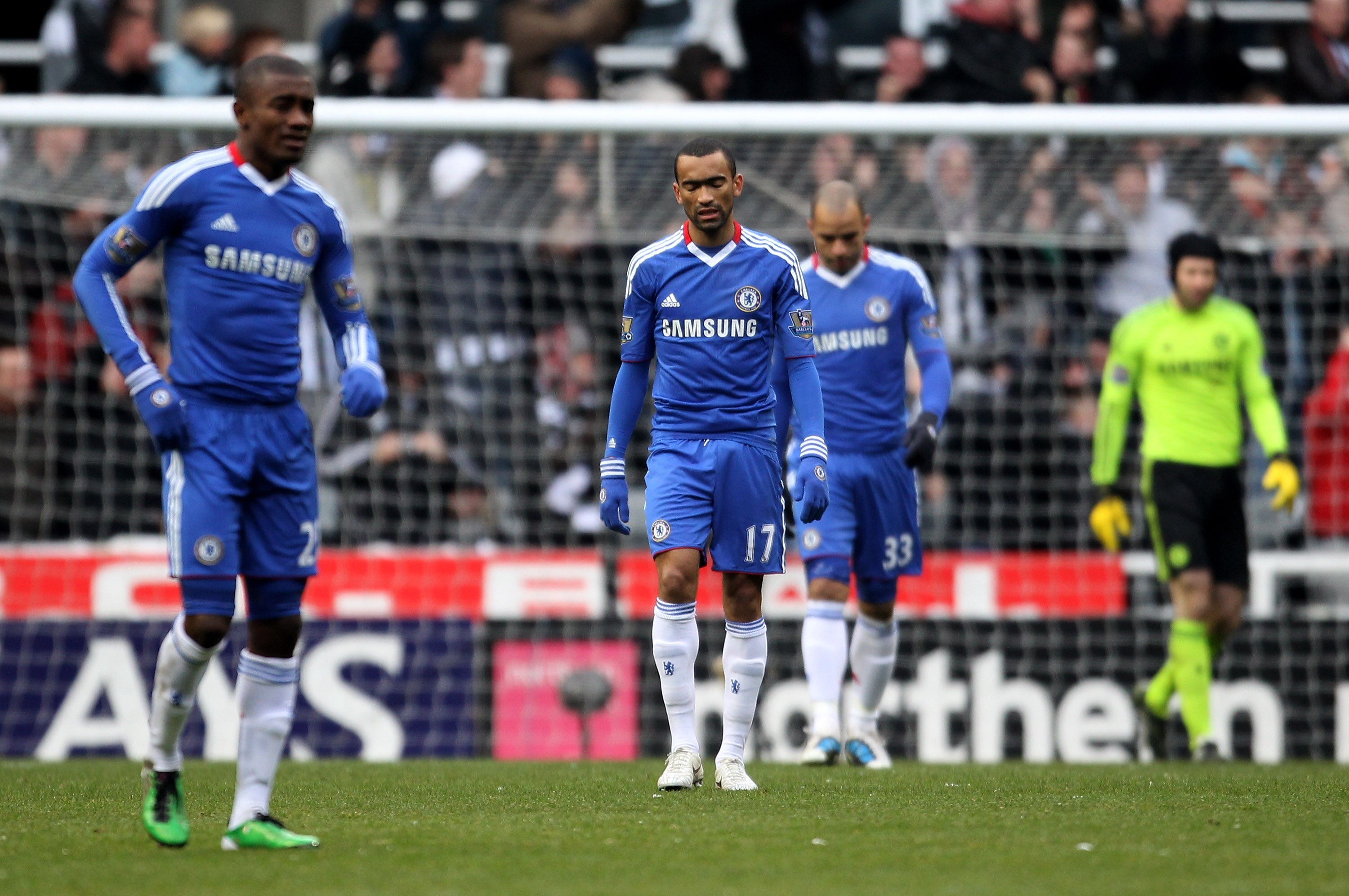 NEWCASTLE, UNITED KINGDOM - NOVEMBER 28:  Jose Bosingwa of Chelsea and his team mates retreat to their own half after conceding the opening goal during the Barclays Premier League match between Newcastle United and Chelsea at St James' Park on November 28