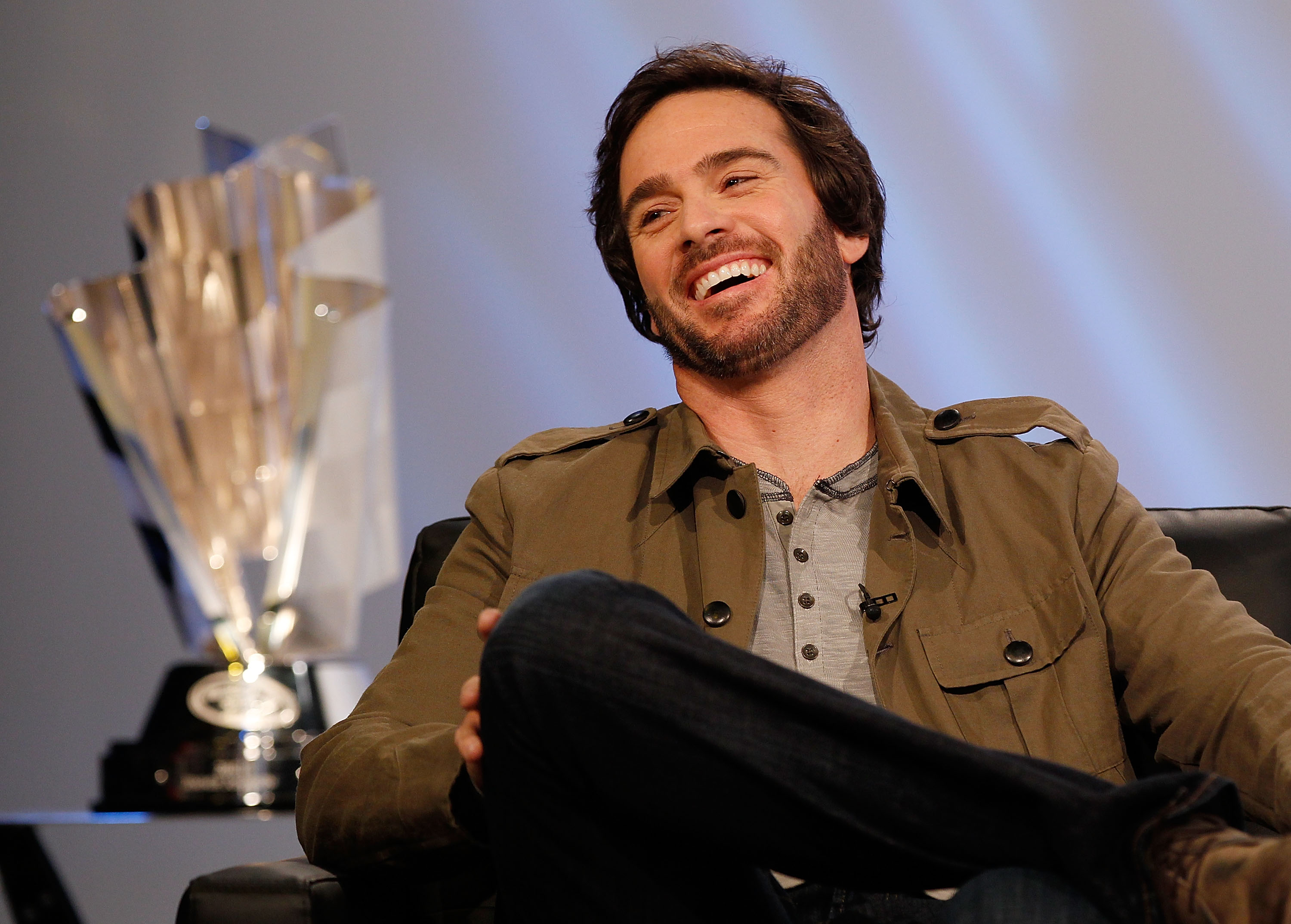 NEW YORK - NOVEMBER 23:  2010 NASCAR Sprint Cup Champion Jimmie Johnson, driver of the #48 Lowe's Chevrolet is interviewed by host Kyle Petty during the taping of 'No Restrictor Plate' a one hour show to air on SPEED TV during 2010 NASCAR Sprint Cup Serie
