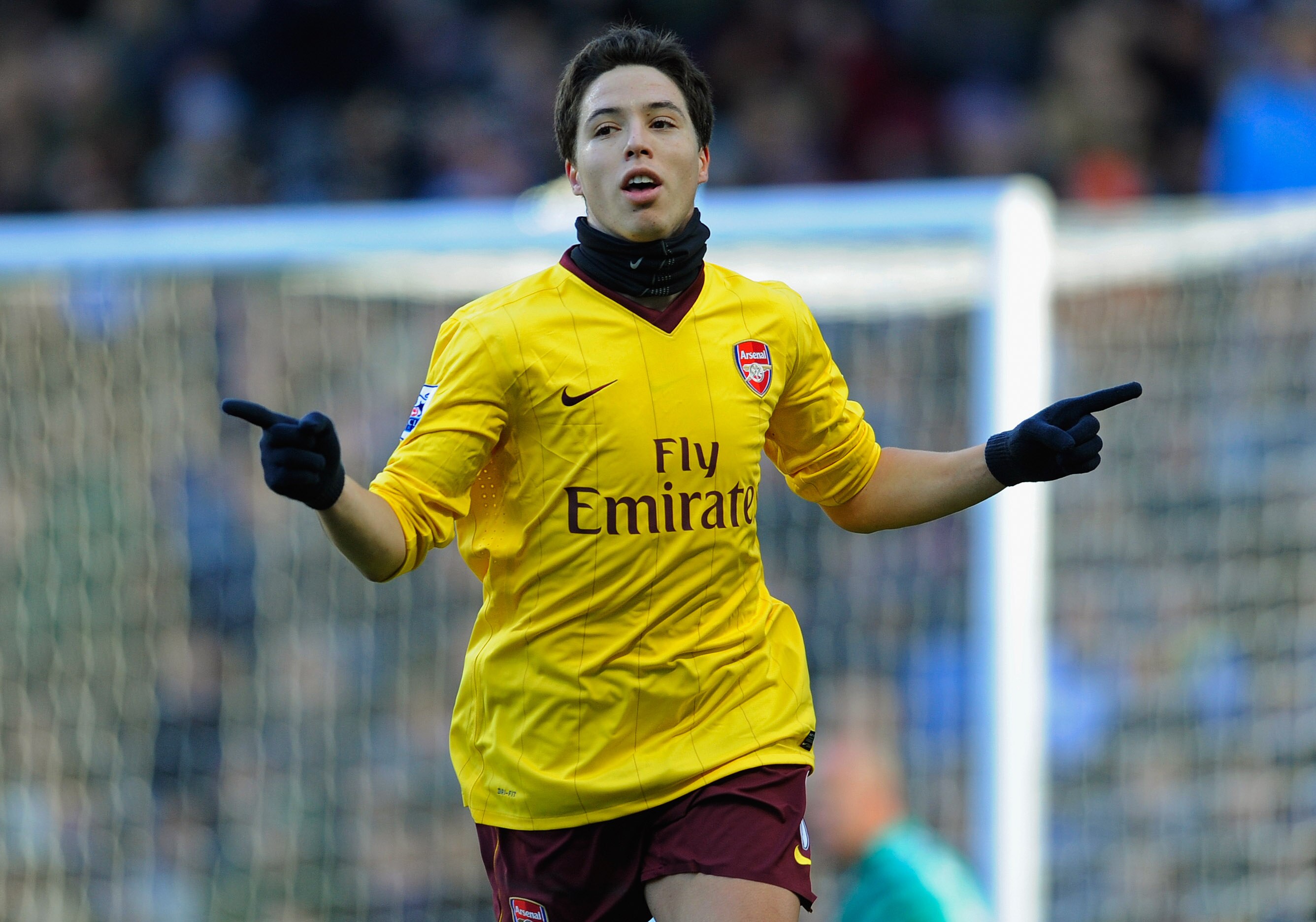 BIRMINGHAM, ENGLAND - NOVEMBER 27: Samir Nasri of Arsenal celebrates scoring to make it 2-0 during the Barclays Premier League match between Aston Villa and Arsenal at Villa Park on November 27, 2010 in Birmingham, England.  (Photo by Michael Regan/Getty