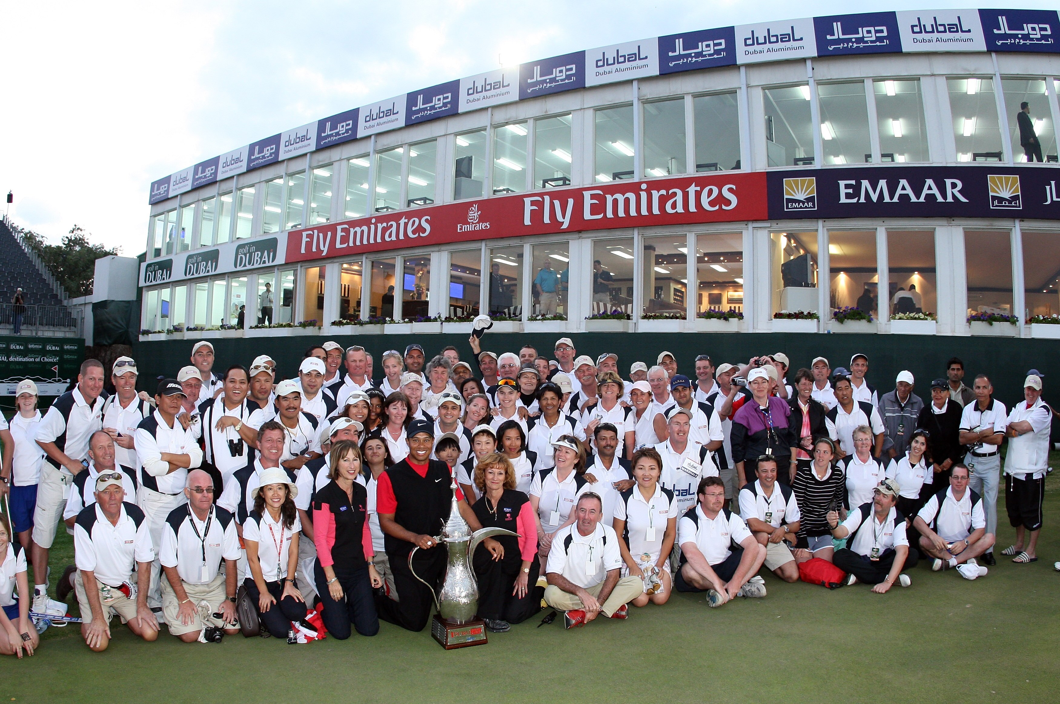 DUBAI, UNITED ARAB EMIRATES - FEBRUARY 03:  Tiger Woods of the USA with the marshalls after winning the Dubai Desert Classic, on the Majilis Course at the Emirates Golf Club, on February 3, 2008 in Dubai, United Arab Emirates.  (Photo by David Cannon/Gett