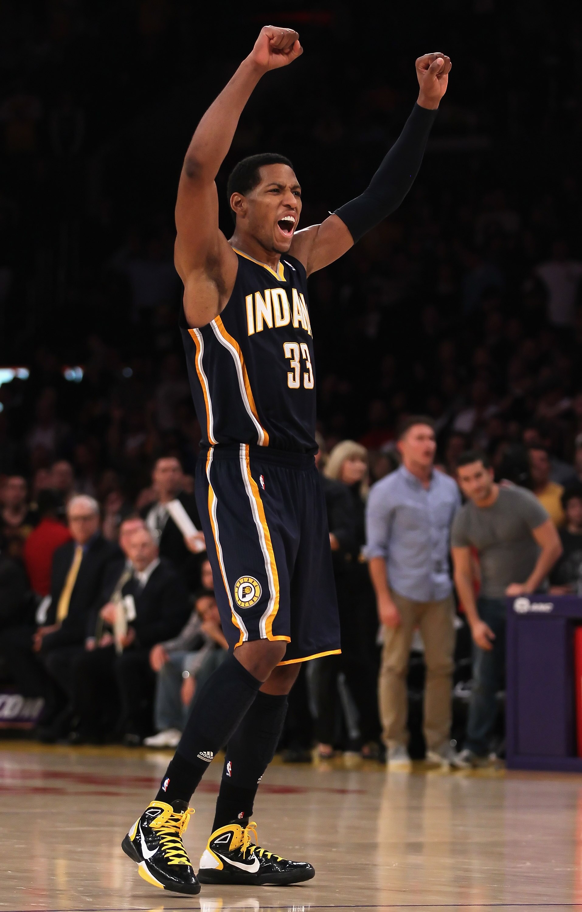 LOS ANGELES, CA - NOVEMBER 28:  Danny Granger #33 of the Indiana Pacers celebrates at the conclusion of the game against the Los Angeles Lakers at Staples Center on November 28, 2010 in Los Angeles, California. The Pacers defeated the Lakers 95-92. NOTE T