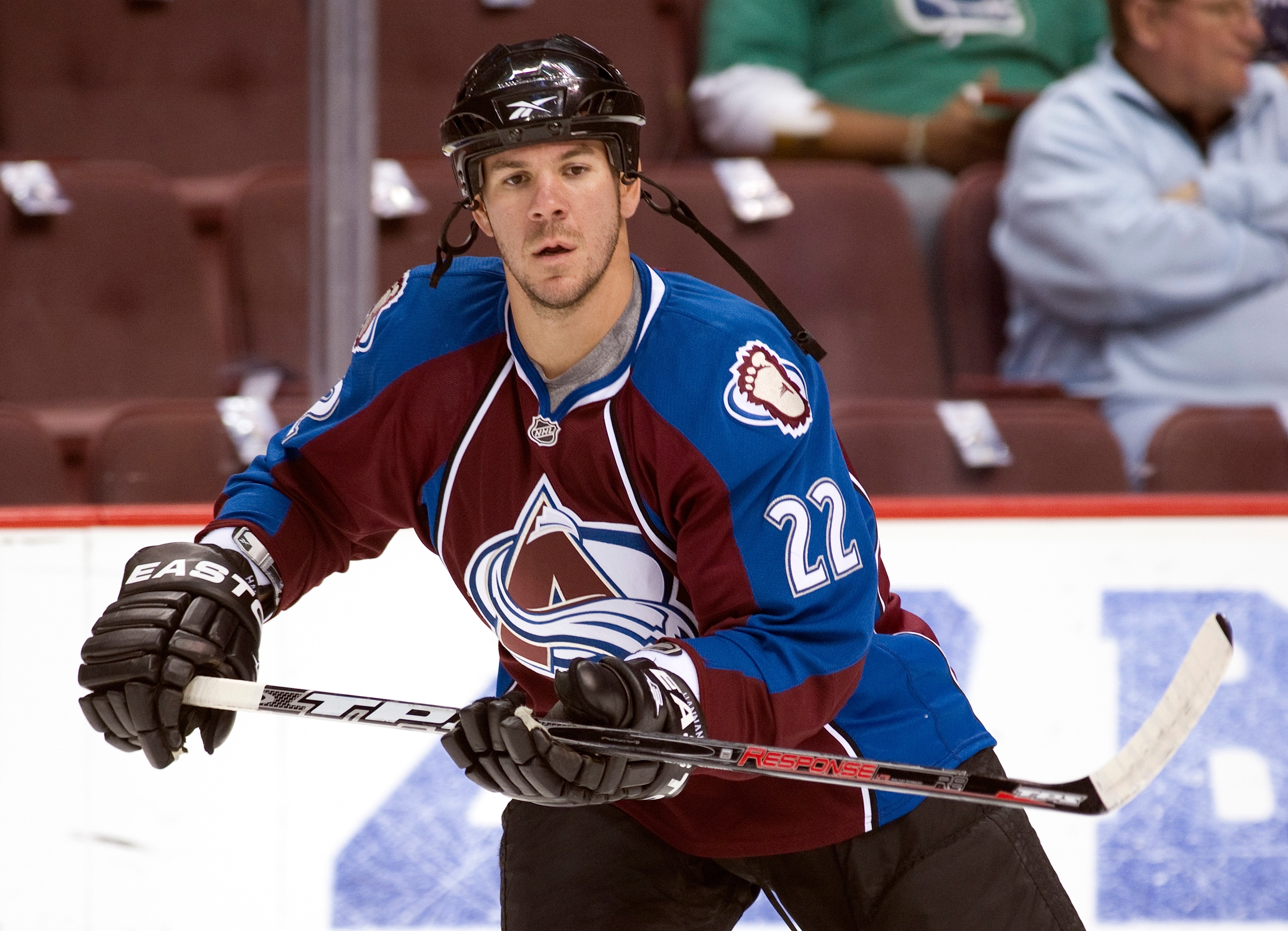 VANCOUVER, CANADA - OCTOBER 26: Scott Hannan #22 of the Colorado Avalanche takes part in the pre-game skate prior to NHL action against the Vancouver Canucks on October 26, 2010 at Rogers Arena in Vancouver, British Columbia, Canada.  (Photo by Rich Lam/G