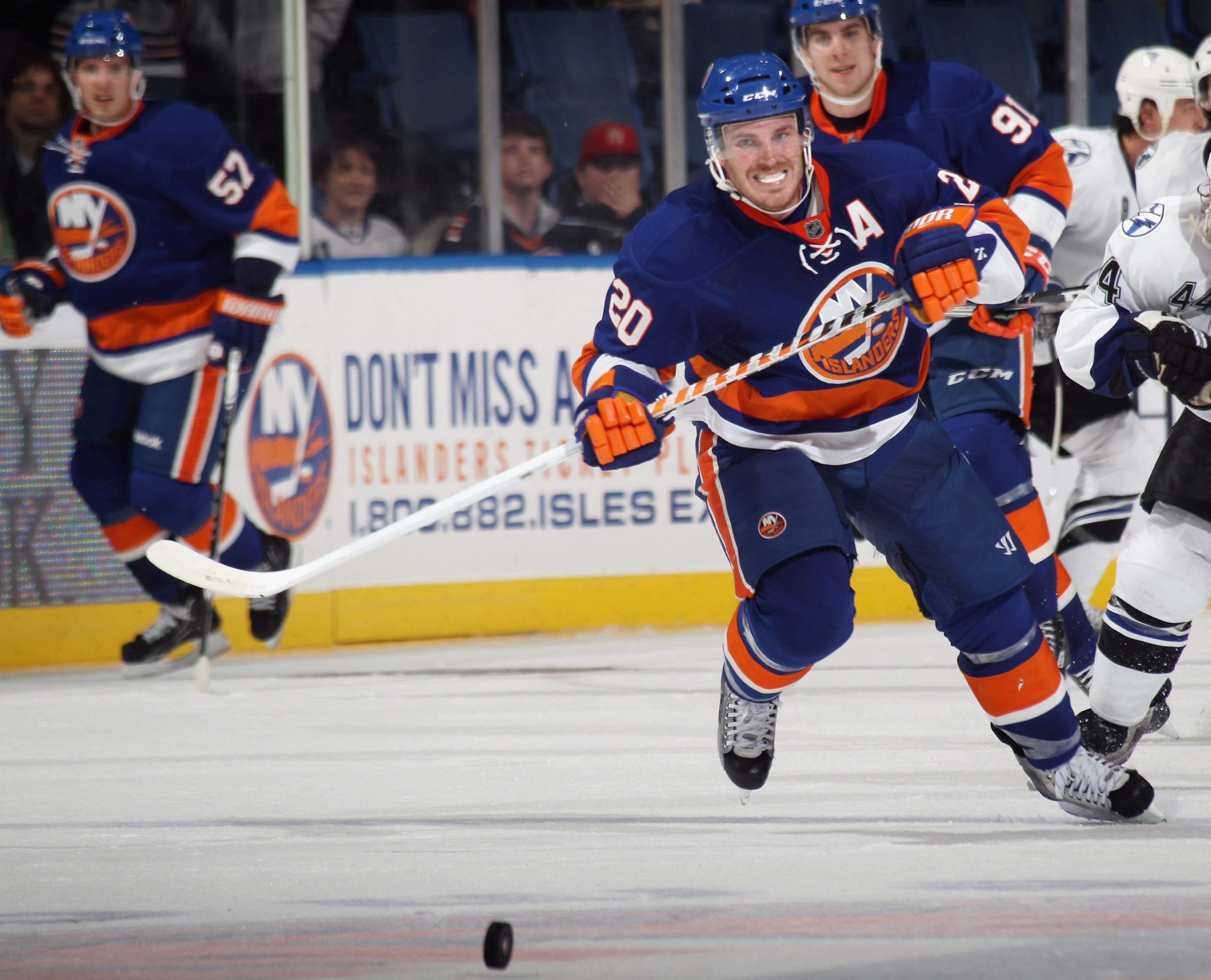 UNIONDALE, NY - NOVEMBER 17:  James Wisniewski #20 of the New York Islanders skates against the Tampa Bay Lightning at the Nassau Coliseum on November 17, 2010 in Uniondale, New York.  (Photo by Bruce Bennett/Getty Images)