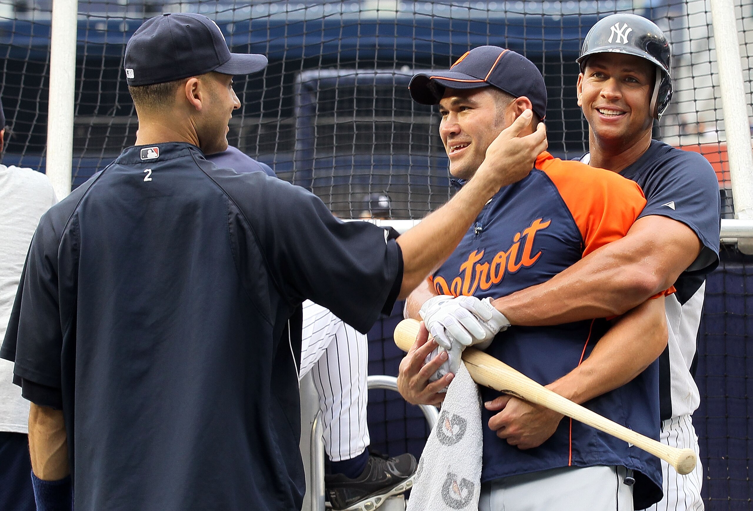 NEW YORK - AUGUST 16: Alex Rodriguez #13 and Derek Jeter #2 of the New York Yankees have a laugh with former teammate Johnny Damon #18 of the Detroit Tigers prior to their game on August 16, 2010 at Yankee Stadium in the Bronx borough of New York City. NEW YORK - AUGUST 16: Alex Rodriguez #13 and Derek Jeter #2 of the New York Yankees have a laugh with former teammate Johnny Damon #18 of the Detroit Tigers prior to their game on August 16, 2010 at Yankee Stadium in the Bronx borough of New York City.