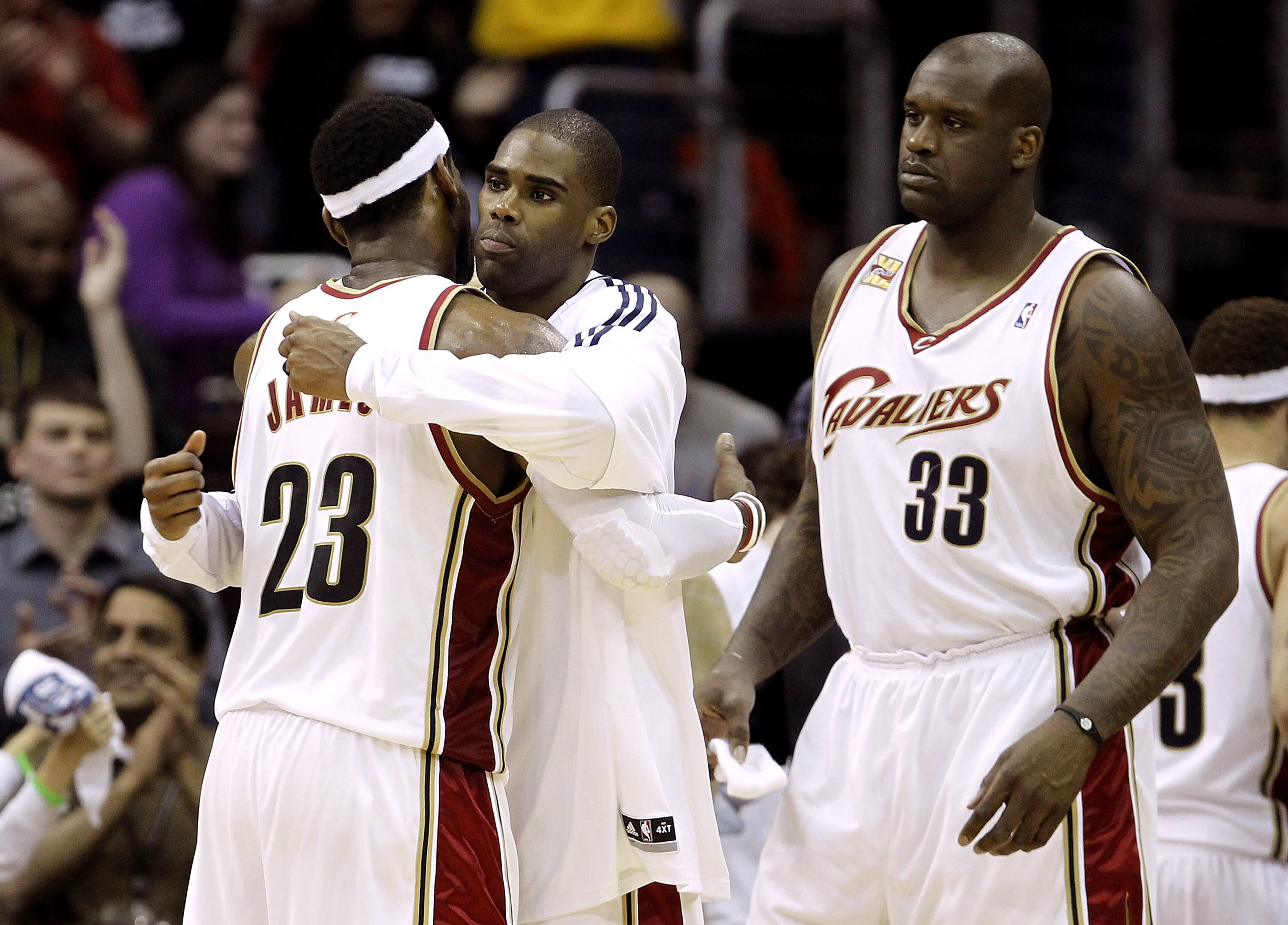 CLEVELAND - APRIL 19: LeBron James #23 of the Cleveland Cavaliers is congratulated by Antawn Jamison #4 and Shaquille O'Neal #33 after defeating the  Chicago Bulls 112-102 in Game Two of the Eastern Conference Quarterfinals during the 2010 NBA Playoffs at
