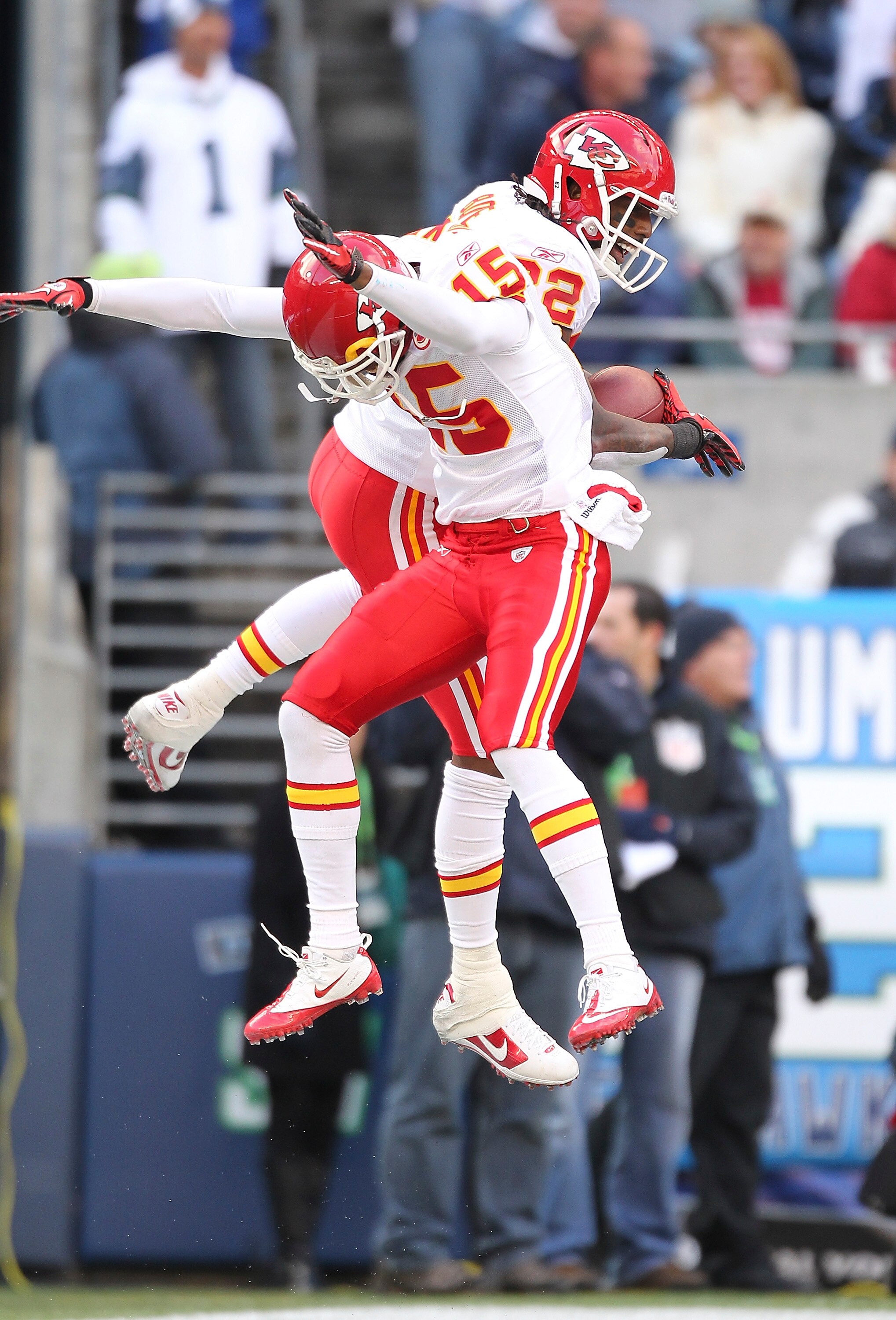 SEATTLE - NOVEMBER 28:  Wide receiver Dwayne Bowe #82 of the Kansas City Chiefs celebrates with Verran Tucker #15 after scoring a touchdown to take a 20-7 lead against the Seattle Seahawks at Qwest Field on November 28, 2010 in Seattle, Washington. The Ch