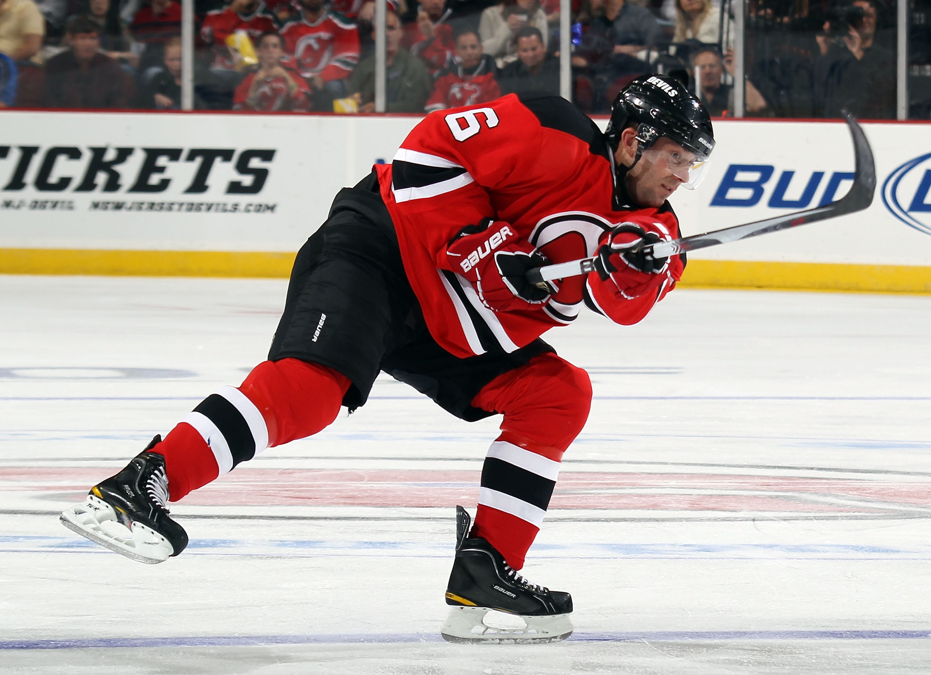 NEWARK, NJ - OCTOBER 08:  Andy Greene #6 of the New Jersey Devils skates against the Dallas Stars at the Prudential Center on October 8, 2010 in Newark, New Jersey.  (Photo by Bruce Bennett/Getty Images)