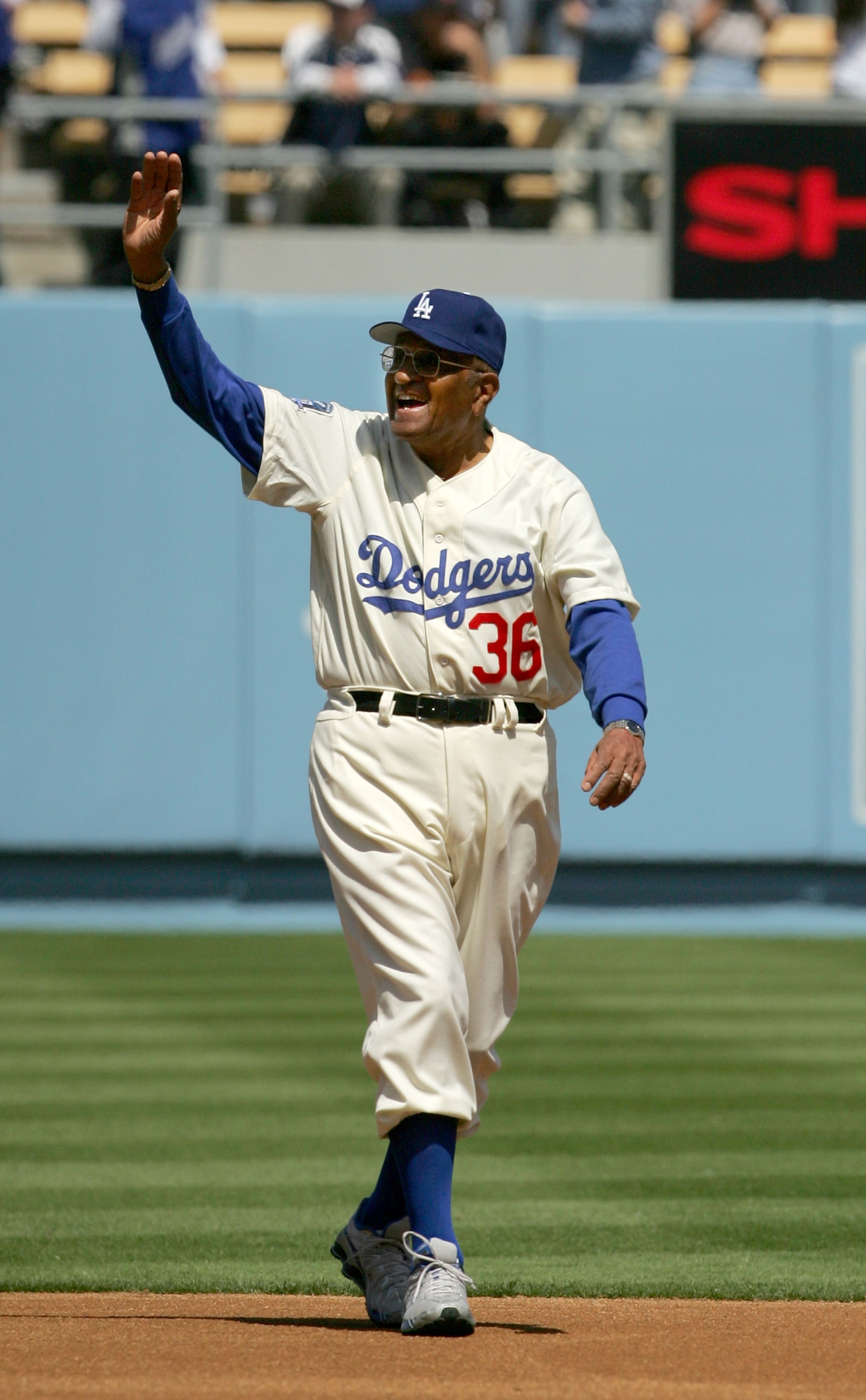 LOS ANGELES, CA - MARCH 31: Former Dodger Don Newcombe waves to the crowd before the Los Angeles Dodgers Opening Day game against San Francisco Giants at Dodger Stadium on March 31, 2008 in Los Angeles, California. (Photo by Jeff Gross/Getty Images) LOS ANGELES, CA - MARCH 31: Former Dodger Don Newcombe waves to the crowd before the Los Angeles Dodgers Opening Day game against San Francisco Giants at Dodger Stadium on March 31, 2008 in Los Angeles, California. (Photo by Jeff Gross/Getty Images)
