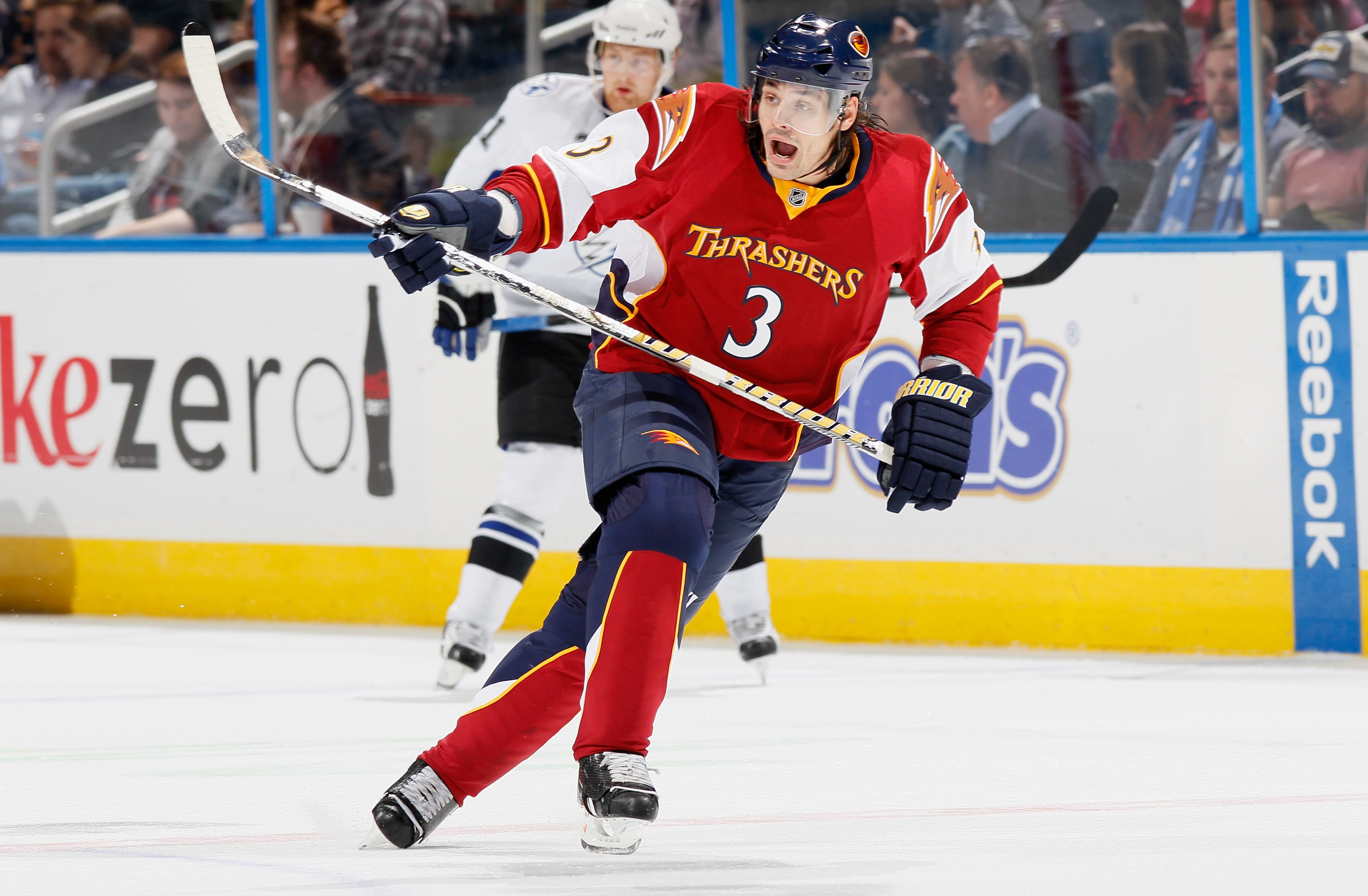 ATLANTA - OCTOBER 22:  Brent Sopel #3 of the Atlanta Thrashers against the Tampa Bay Lightning at Philips Arena on October 22, 2010 in Atlanta, Georgia.  (Photo by Kevin C. Cox/Getty Images)