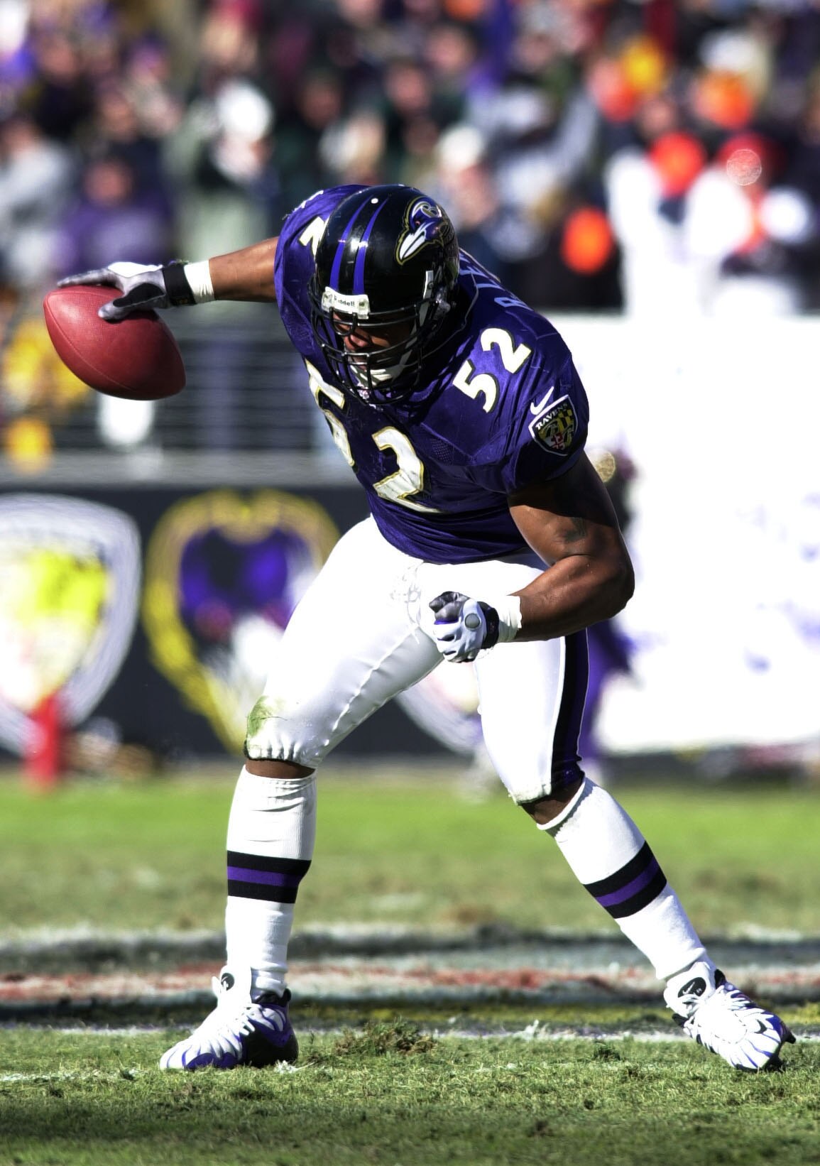 31 Dec 2000:  Ray Lewis #52 of the Balitmore Ravens celebrates after intercepting a pass from the Denver Broncos in the first period of the AFC Wildcard playoff game at PSINet Stadium in Baltimore, Maryland. The Ravens won 21-3. DIGITAL IMAGE Mandatory Cr