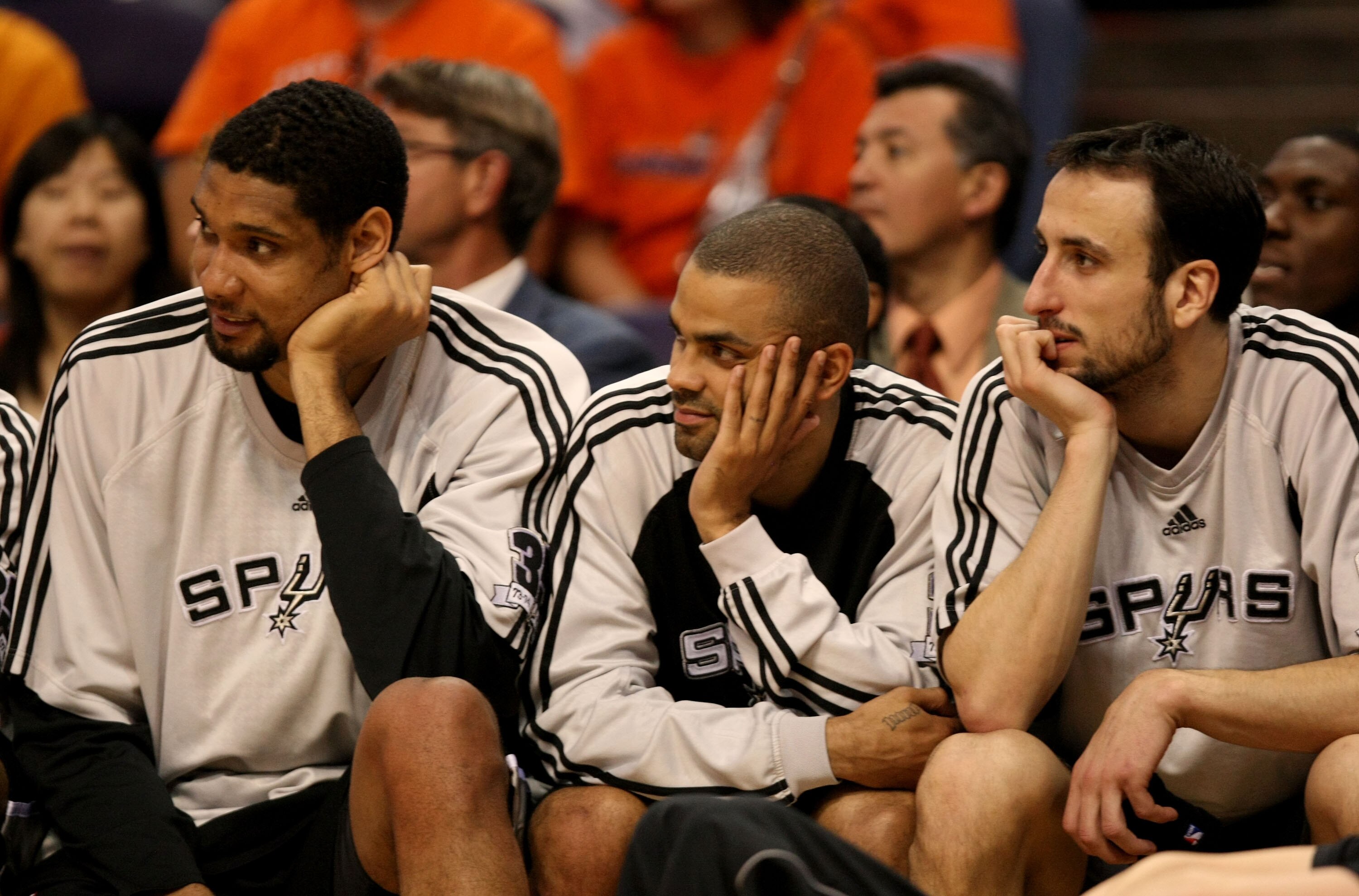 PHOENIX - APRIL 27:  Tim Duncan #21, Tony Parker #9 and Manu Ginobili #20 of the San Antonio Spurs sit on the bench against the Phoenix Suns during Game Four of the Western Conference Quarterfinals during the 2008 at NBA Playoffs at U.S. Airways Center Ap