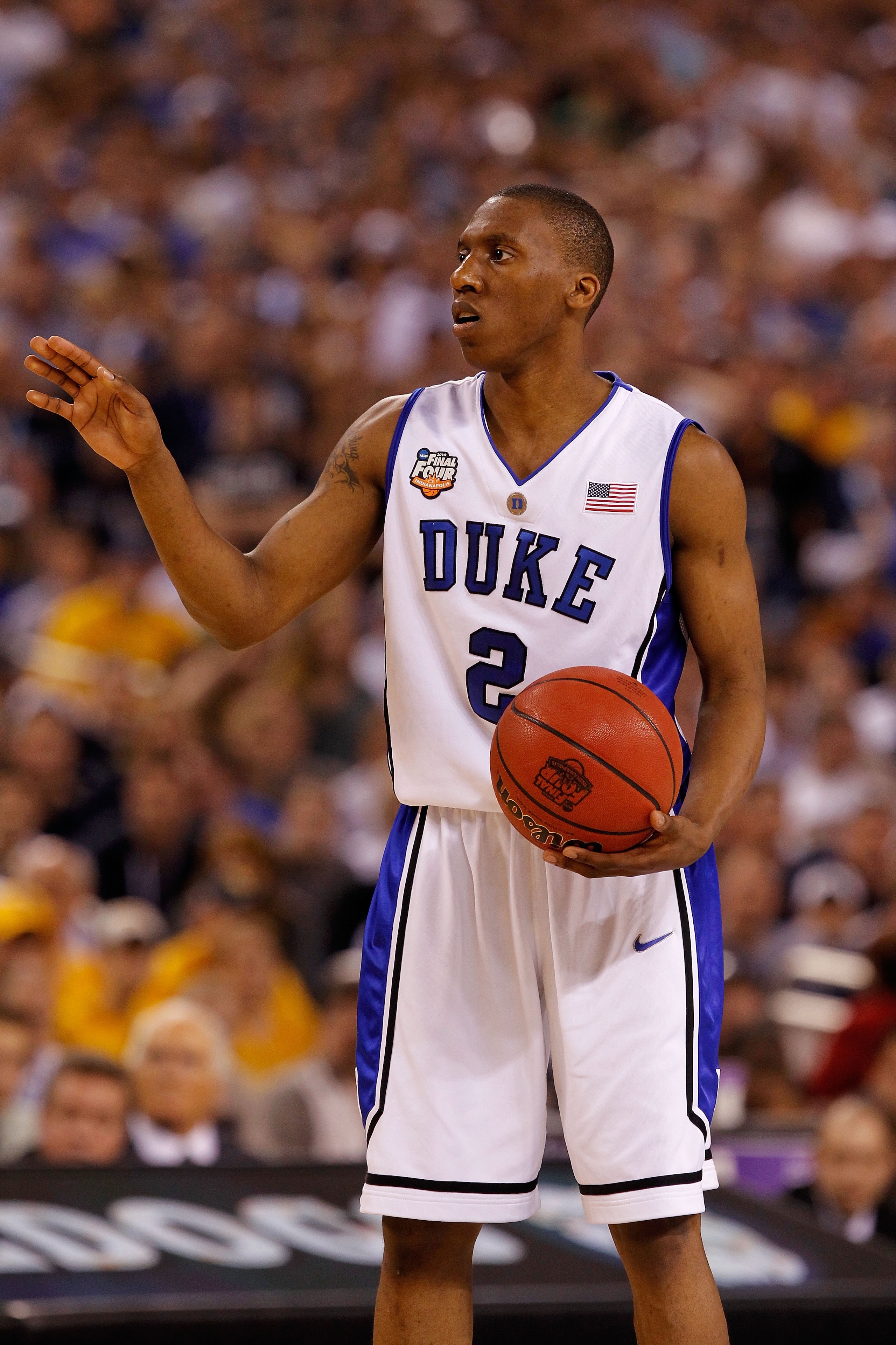 INDIANAPOLIS - APRIL 05:  Nolan Smith #2 of the Duke Blue Devils gestures on court in the second half against the Butler Bulldogs during the 2010 NCAA Division I Men's Basketball National Championship game at Lucas Oil Stadium on April 5, 2010 in Indianap