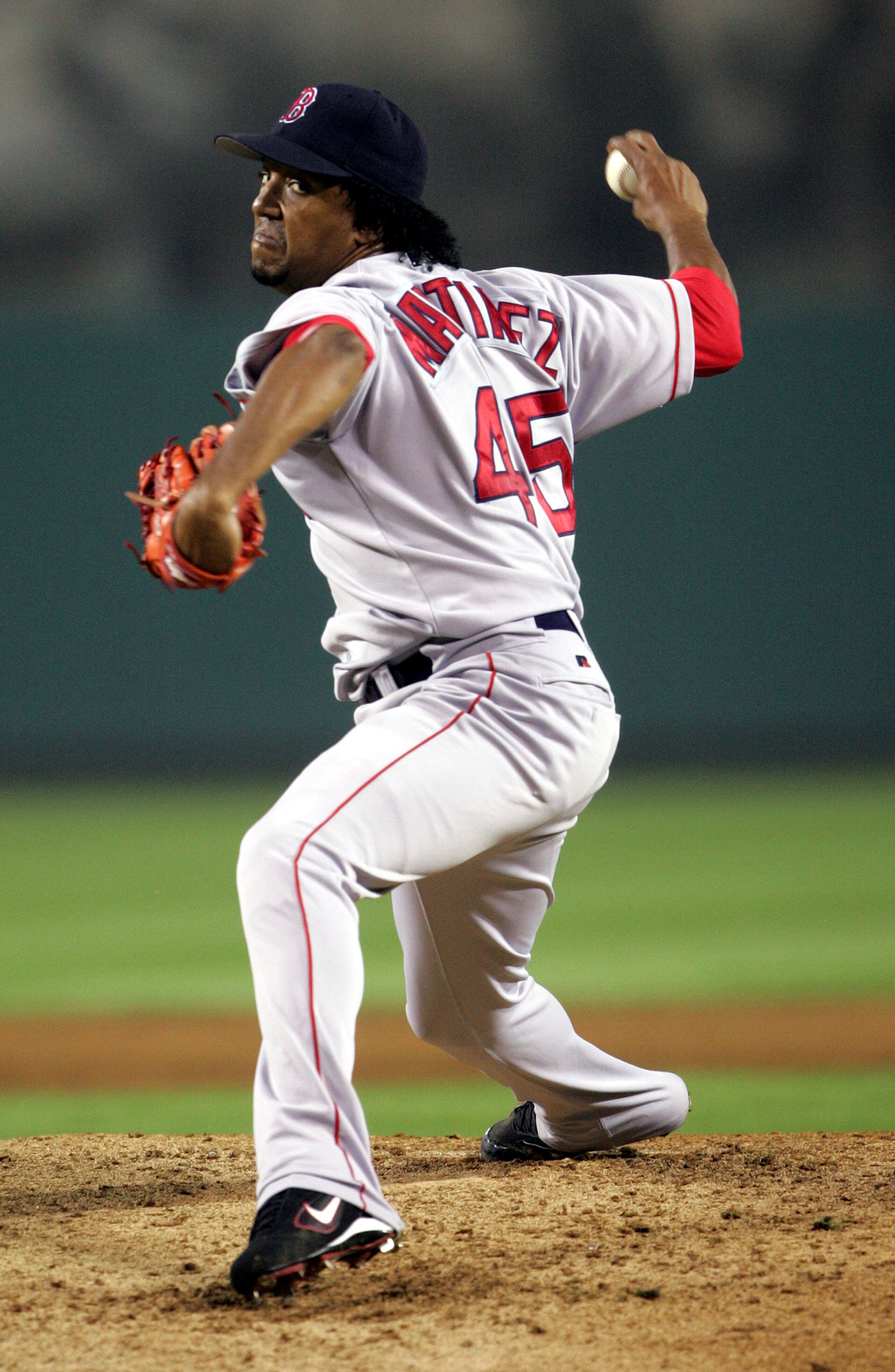 ANAHEIM, CA - OCTOBER 6: Pitcher Pedro Martinez #45 of the Boston Red Sox delivers a pitch during the American League Division Series with the Anaheim Angels, Game Two on October 6, 2004 at Angels Stadium at Anaheim in Anaheim, California. (Photo by St ANAHEIM, CA - OCTOBER 6: Pitcher Pedro Martinez #45 of the Boston Red Sox delivers a pitch during the American League Division Series with the Anaheim Angels, Game Two on October 6, 2004 at Angels Stadium at Anaheim in Anaheim, California. (Photo by St