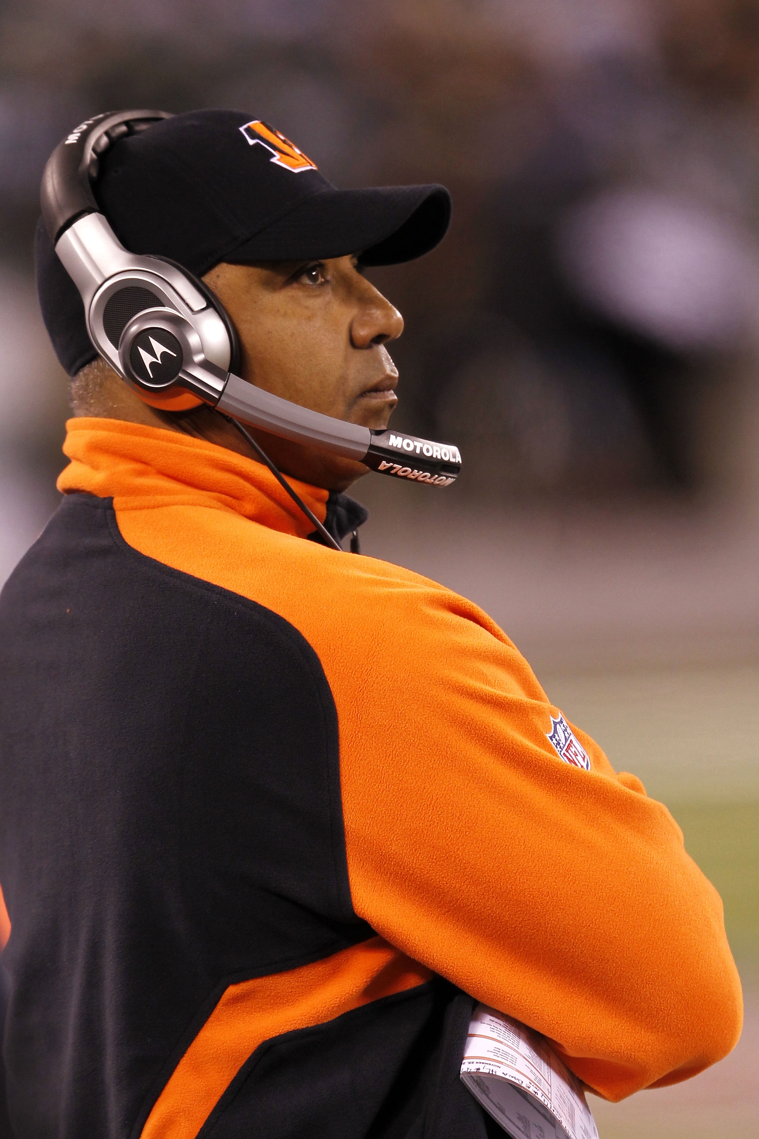 EAST RUTHERFORD, NJ - NOVEMBER 25: Head Coach Marvin Lewis of the Cincinnati Bengals watches the game against the New York Jets at New Meadowlands Stadium on November 25, 2010 in East Rutherford, New Jersey. The Jets defeated the Bengals 26-10.  (Photo by