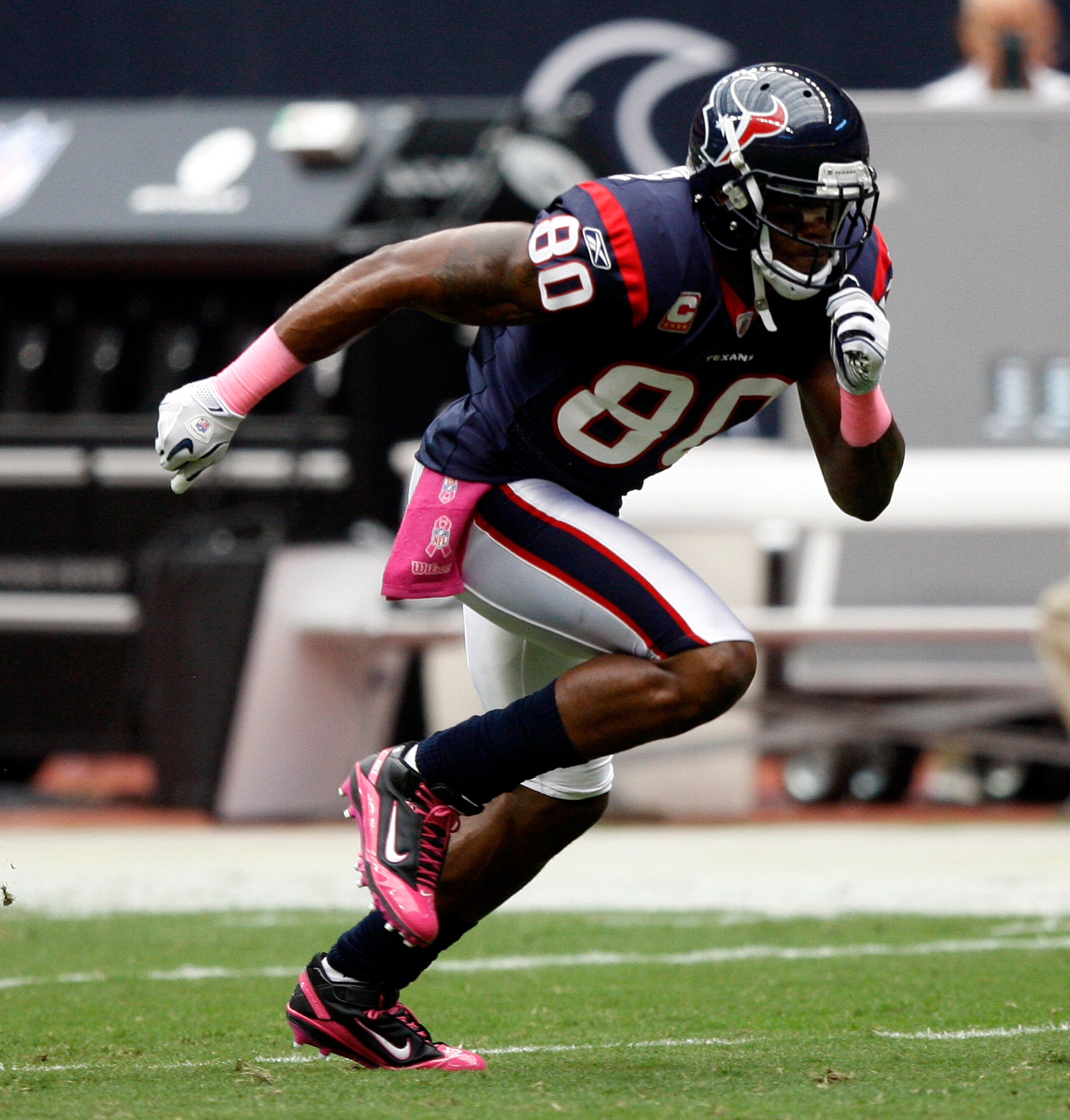 HOUSTON - OCTOBER 10:  Wide receiver Andre Johnson #80 of the Houston Texans warms up prior to playing the  New York Giants at Reliant Stadium on October 10, 2010 in Houston, Texas.  Johnson was a game day decision as to whether he would play after suffer