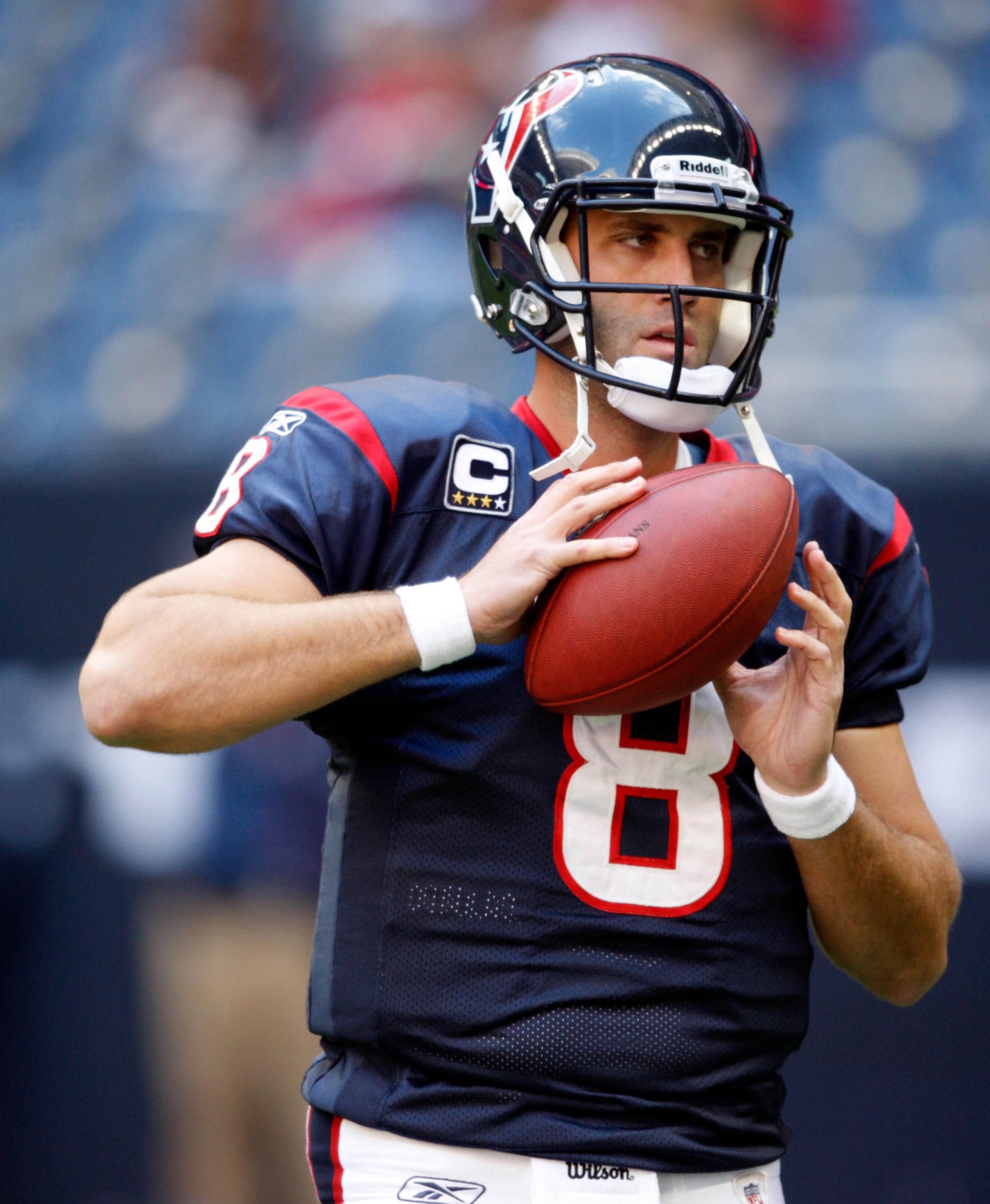 HOUSTON - NOVEMBER 28:  Quarterback Matt Schaub #8 of the Houston Texans throws passess during pre-game warm ups before playing the Tennessee Titans at Reliant Stadium on November 28, 2010 in Houston, Texas.  (Photo by Bob Levey/Getty Images)