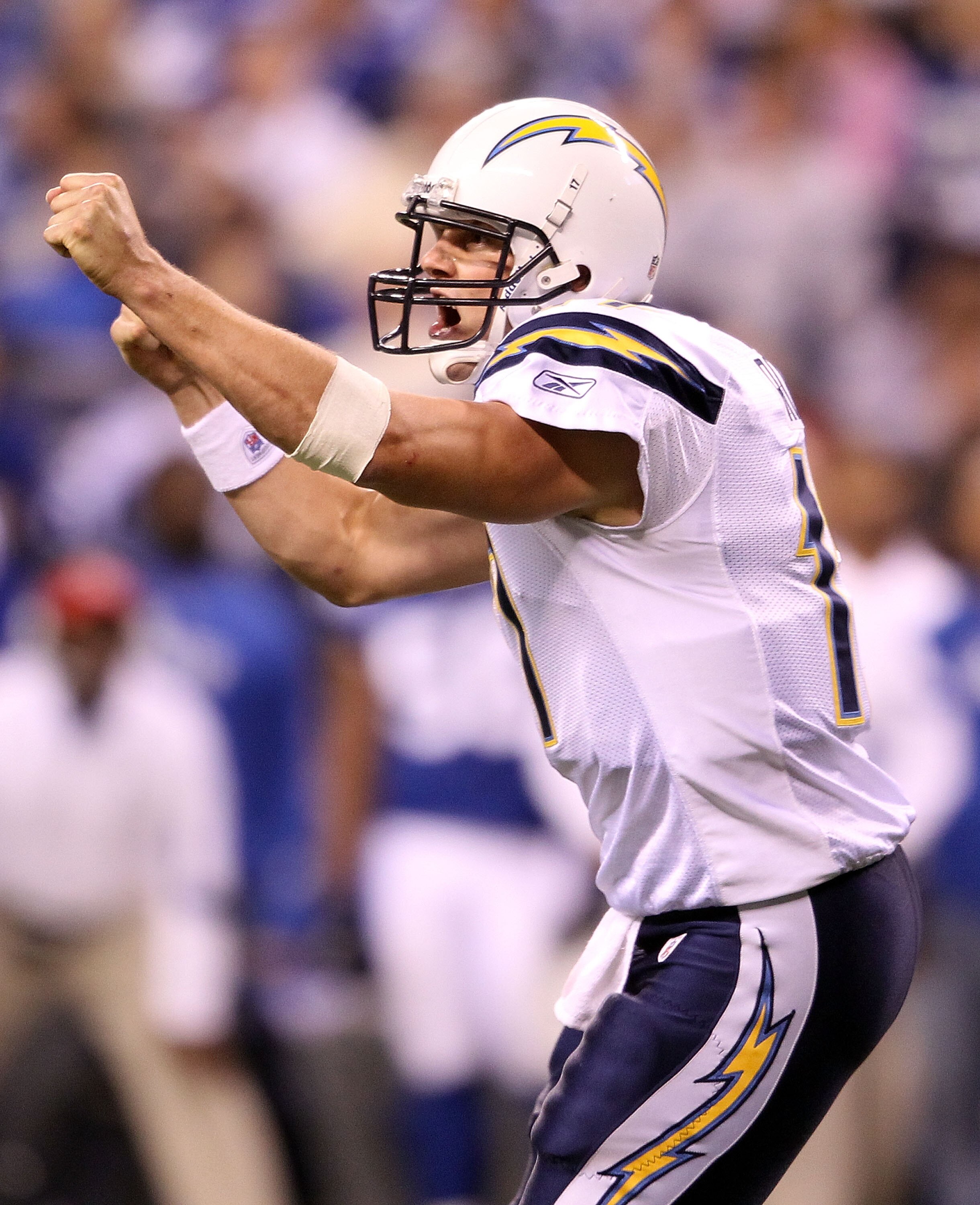 INDIANAPOLIS - NOVEMBER 28:  Philip Rivers #17 of the San Diego Chargers celebrates after a touchdown during the NFL game against the Indianapolis Colts at Lucas Oil Stadium on November 28, 2010 in Indianapolis, Indiana.  (Photo by Andy Lyons/Getty Images