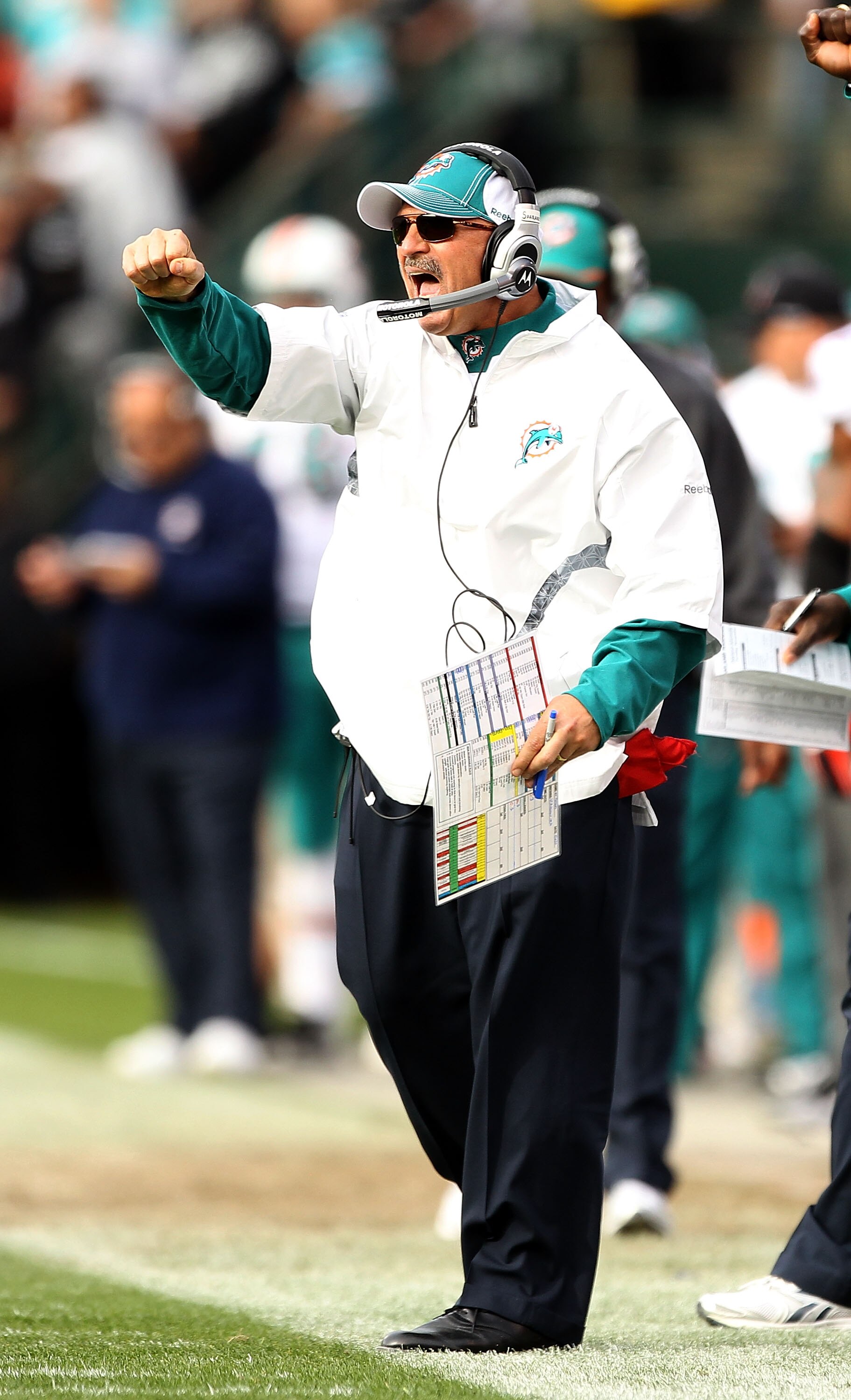 OAKLAND, CA - NOVEMBER 28:  Head coach Tony Sparano of the Miami Dolphins shouts to his team during their game against the Oakland Raiders at Oakland-Alameda County Coliseum on November 28, 2010 in Oakland, California.  (Photo by Ezra Shaw/Getty Images)