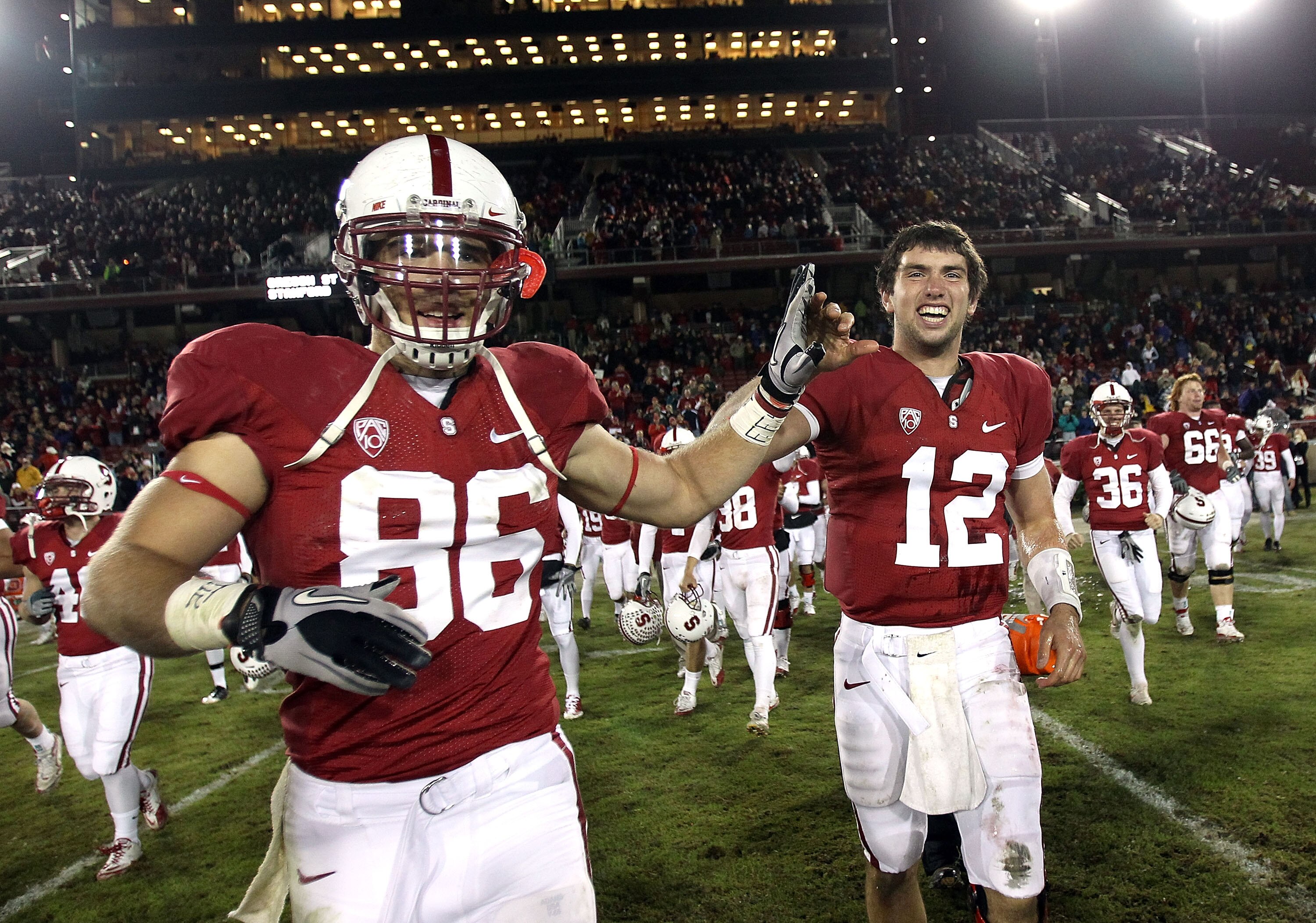 PALO ALTO, CA - NOVEMBER 27:  Andrew Luck #12 and Zach Ertz #86 of the Stanford Cardinal celebrate after they beat the Oregon State Beavers at Stanford Stadium on November 27, 2010 in Palo Alto, California.  (Photo by Ezra Shaw/Getty Images)